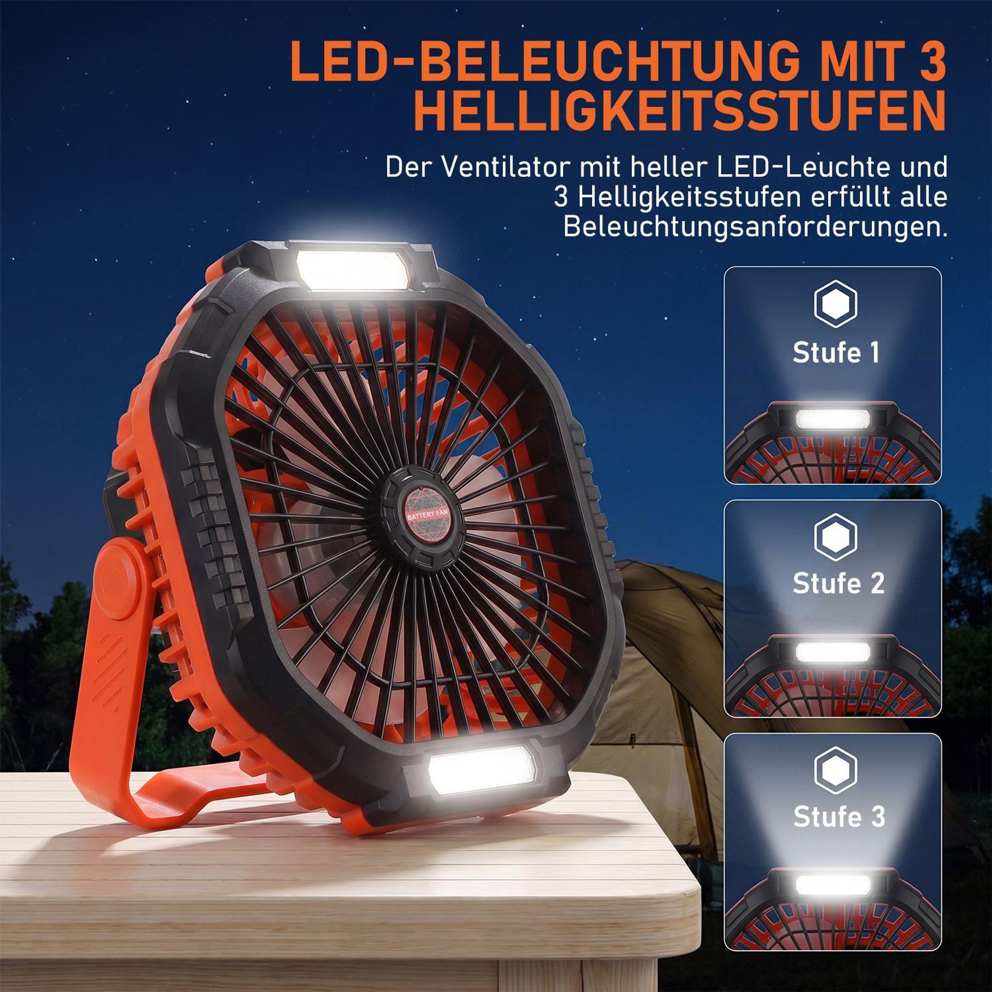 Tischventilator Campingventilator mit Licht und Fernbedienung USB-C aufladbar mit 4 Windstufen und 3 Lichtmodi