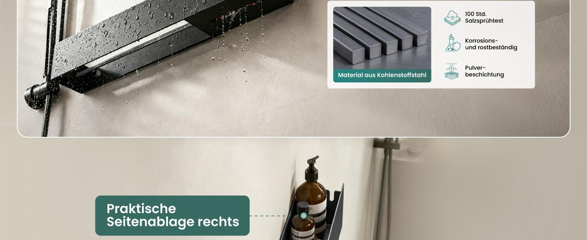 Mai & Mai Duschablage ohne Bohren mit Handtuchhalter, Shampoo Halterung für Dusche, Bad, Küche 60cm Schwarz Reglo-18