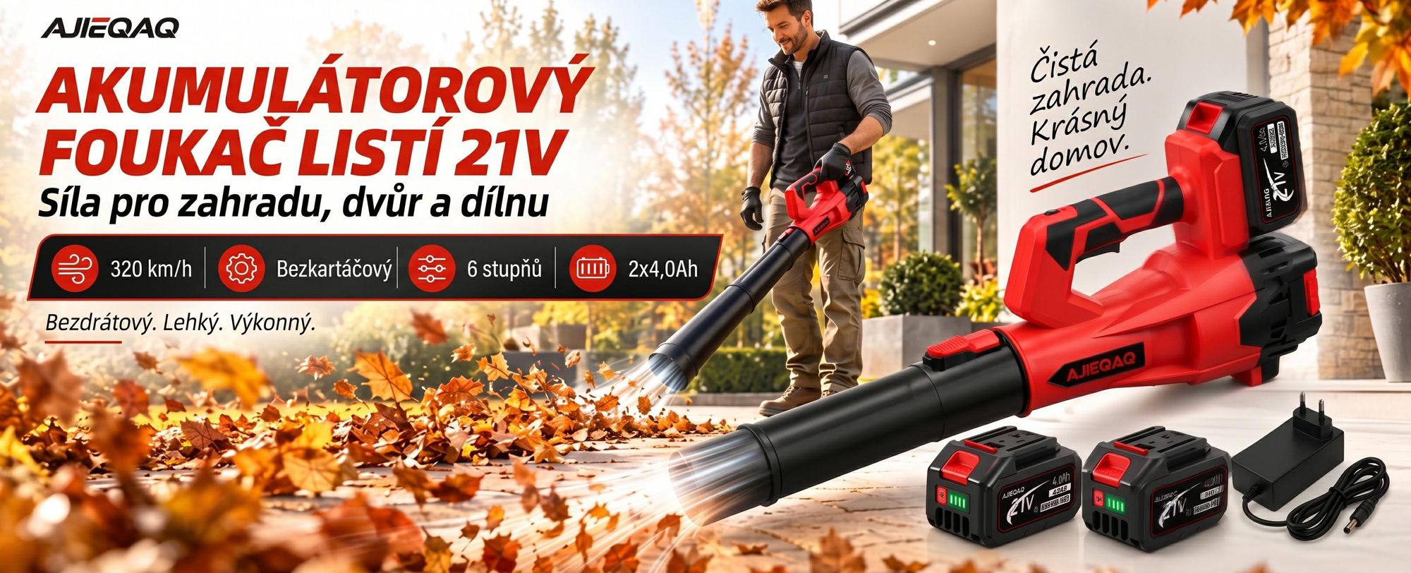 Aku foukač listí 21V Brushless, 2×4,0Ah baterie, 320 km/h, 6 stupňů s Turbo režimem, 1000W, bezdrátový foukač se 2 trubicemi