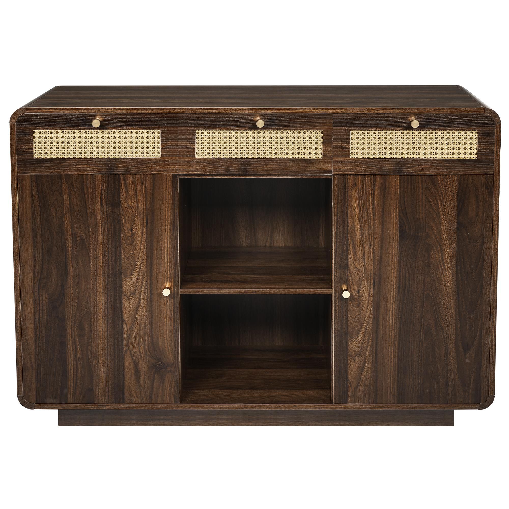 Flieks Kommode Wohnzimmerschrank Rattan mit 3 Schubladen, Sideboard Aufbewahrungsschrank mit höhenverstellbaren Einlegeböden, Walnut