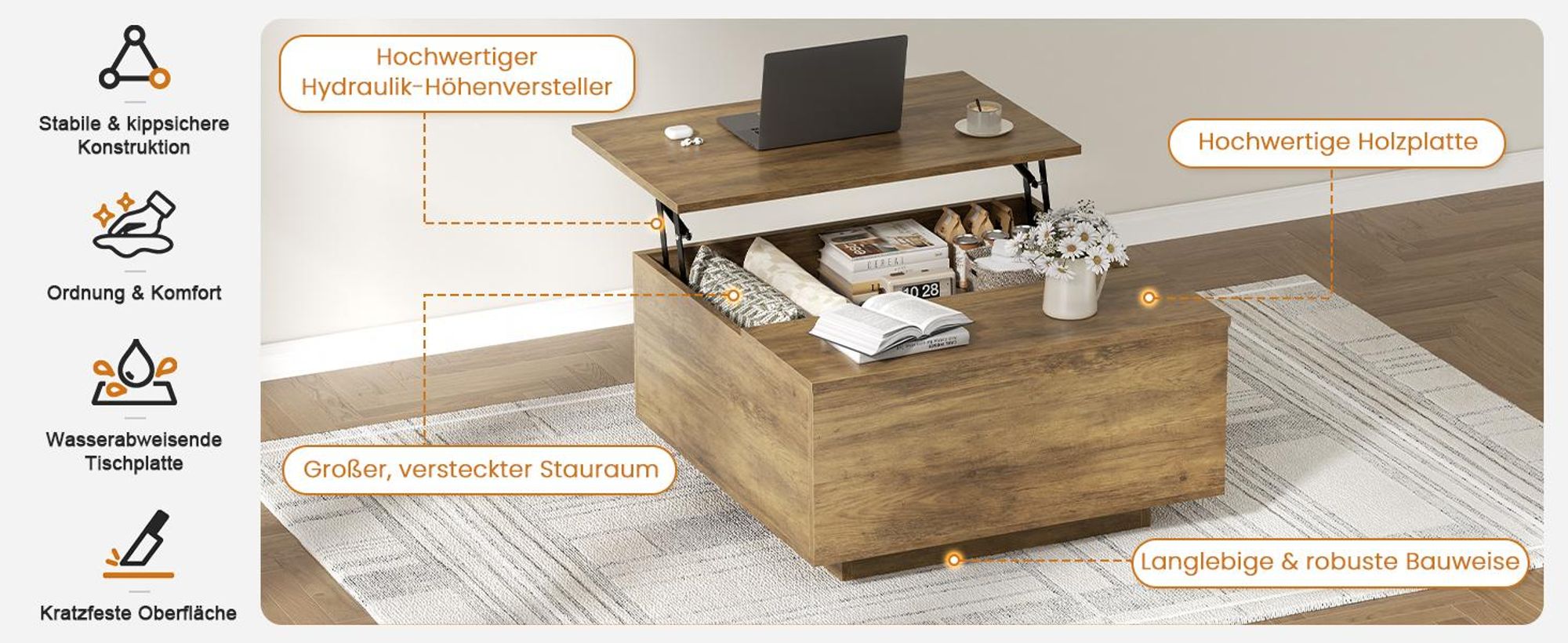 FABATO Couchtisch mit hochklappbarer Platte, quadratischer Couchtisch aus Holz mit Stauraum, Couchtische im Landhausstil mit verstecktem Staufach