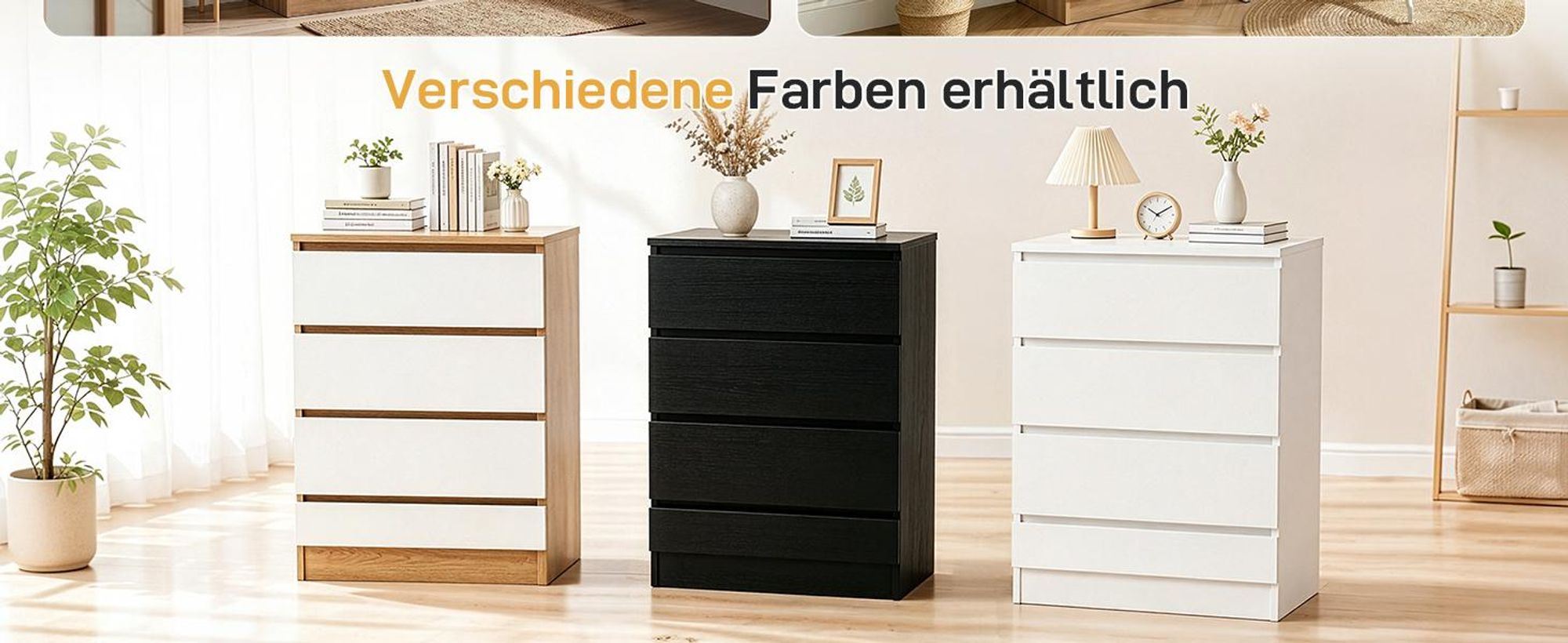 Kommode mit 4 Schubladen Sideboard Weiß und Eiche Anrichte holz