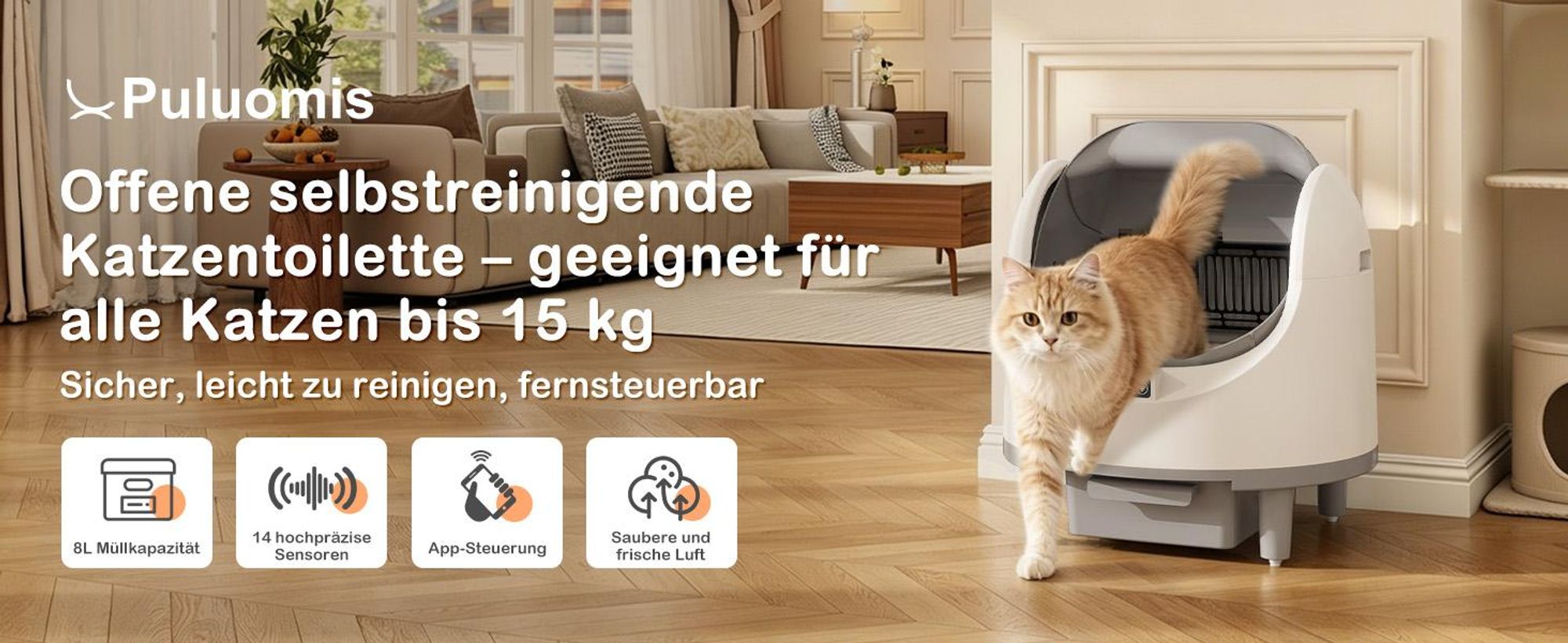 Puluomis Selbstreinigende Katzentoilette 80L XXL, offenes Katzenklo mit App-Steuerung, 12 Sensoren, 8L Abfallbehälter, leise, für Katzen bis 15kg