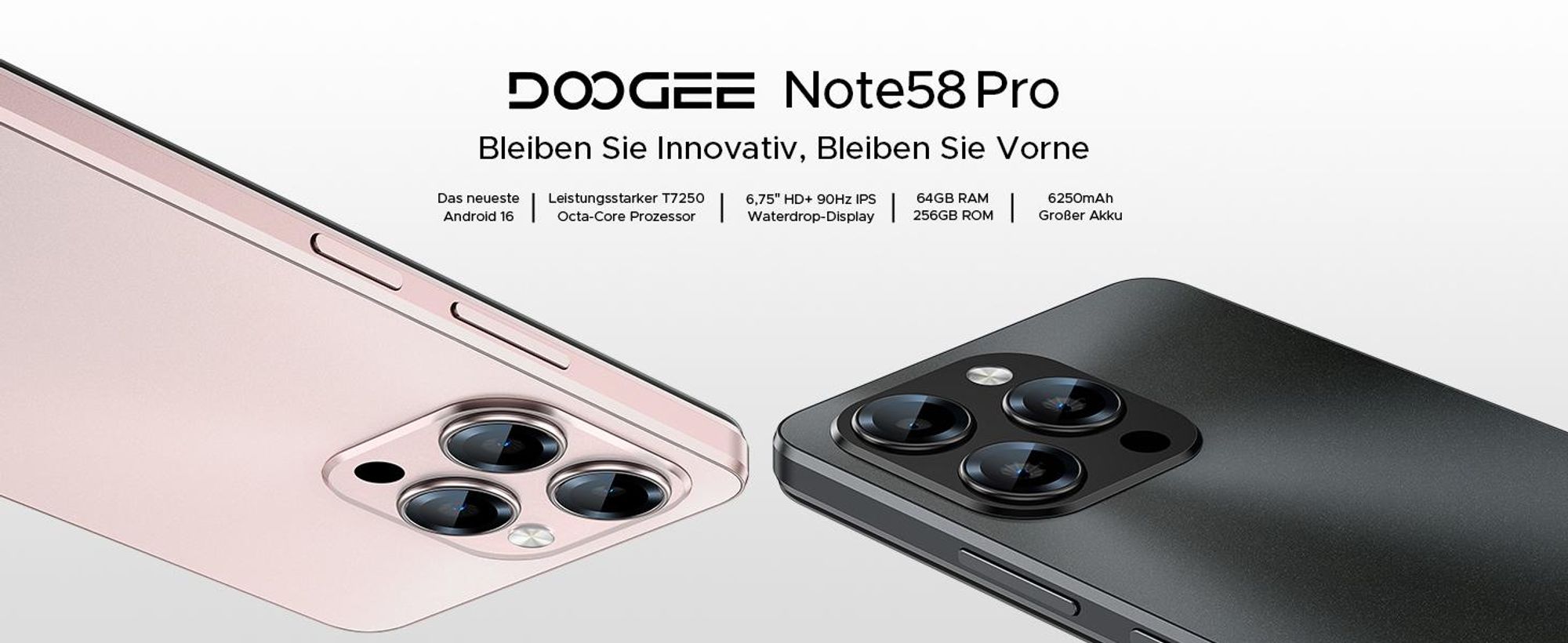 DOOGEE Note58 Pro Smartphone Handy, Android 16, 6,75" 90Hz, 6250mAh Akku, 64GB RAM+256GB ROM, 4G, 16MP, NFC, Fingerabdruck, ohne Vertrag