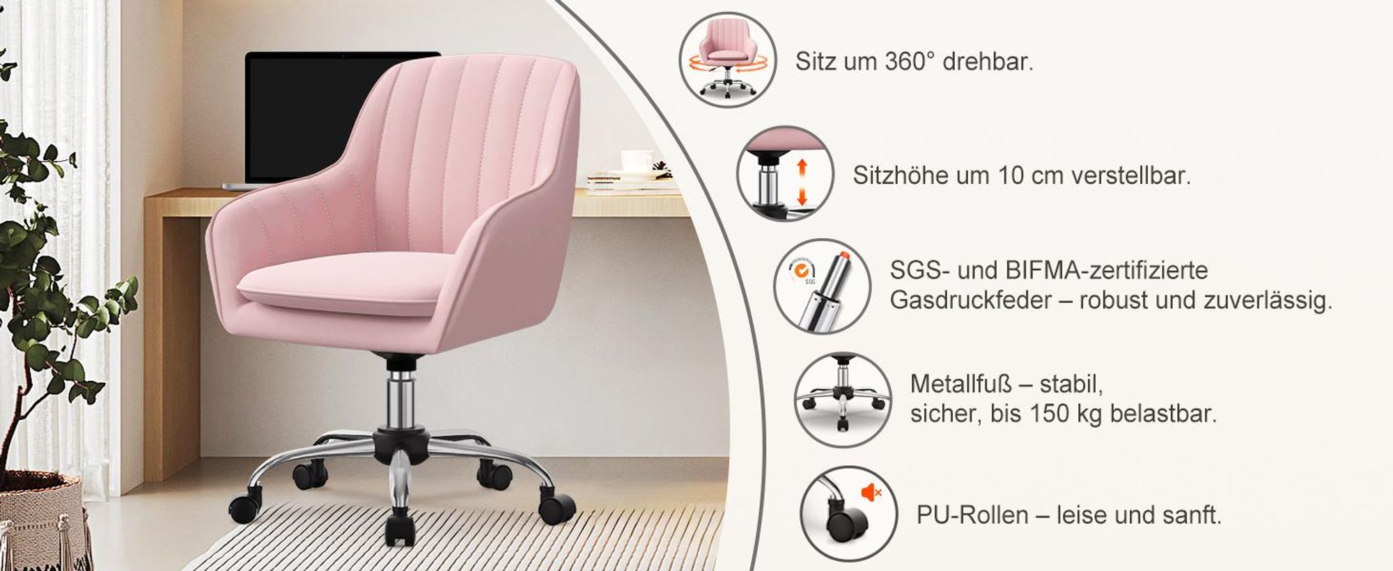 Portreen Bürostuhl, Drehstuhl,Homeoffice Stuhl,Schreibtischstuhl, bürostuhl ergonomisch, Chefsessel 150kg,Drehstuhl mit Rollen,Stuhl für Schminktisch