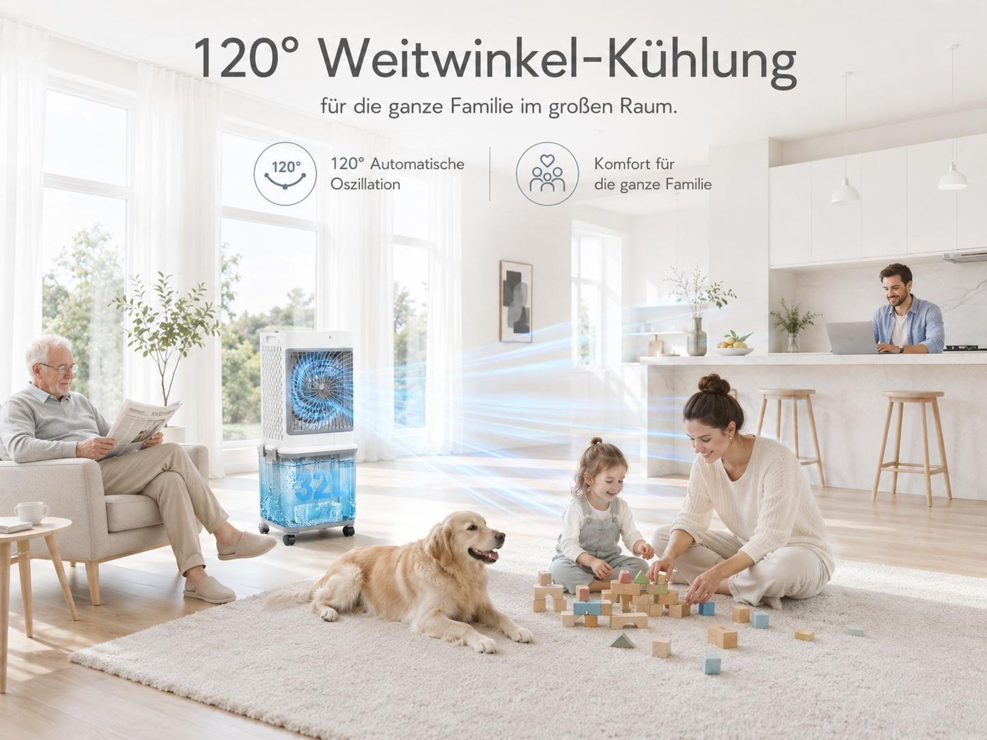32L Klimagerät Mobil Ohne Abluftschlauch 70W Klimaanlage mit 4 Eisboxen 30H Laufzeit 30dB Leise Ventilator Mit Wasserkühlung Wohnung Zimmer Räume 85cm