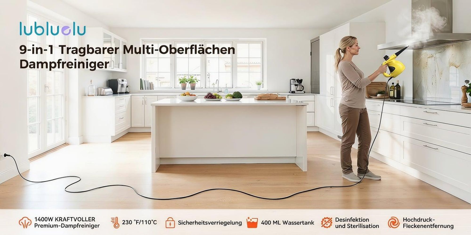 Dampfreiniger 1400W 4 Druckleisten Tragbarer Handdampfreiniger mit 9 Zubehörteilen Haushaltsdampfreiniger mit 0,4L Wassertank für Küche, Bad, Auto