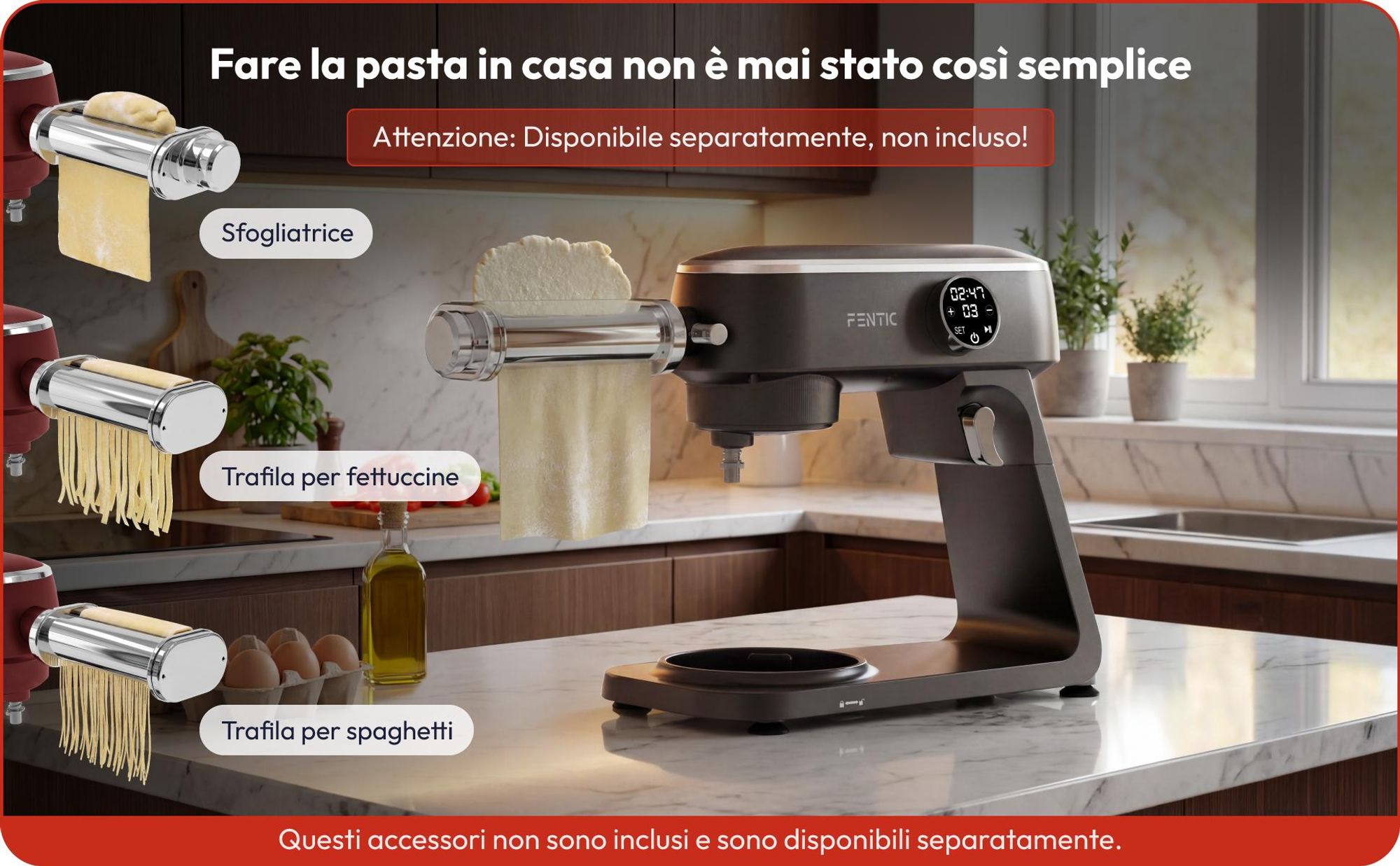 Fentic Impastatrice Planetaria 1800W, Ciotola Inox 7L, Robot da cucina per pane e pizza, 10 velocità con timer & Paraspruzzi