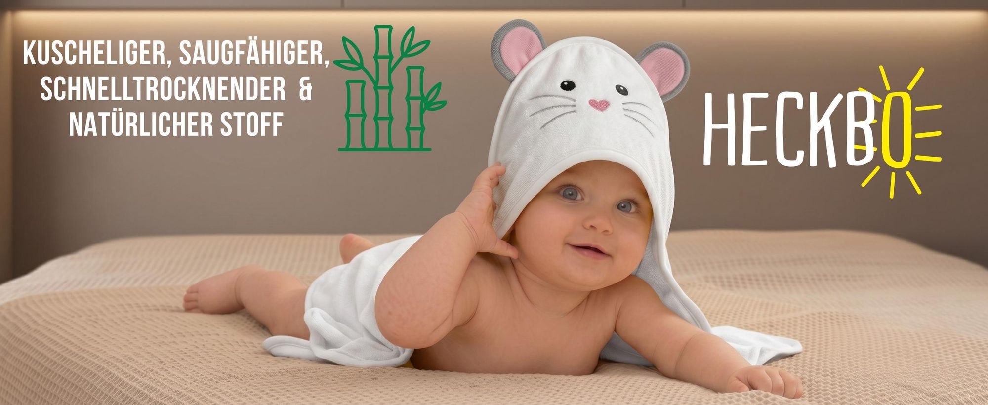HECKBO Baby Kapuzenhandtuch Maus mit Waschlappen | 90x100 cm | Bambus-Viskose Badetuch mit Druckknöpfen | Babyhandtuch für Jungen & Mädchen ab Geburt