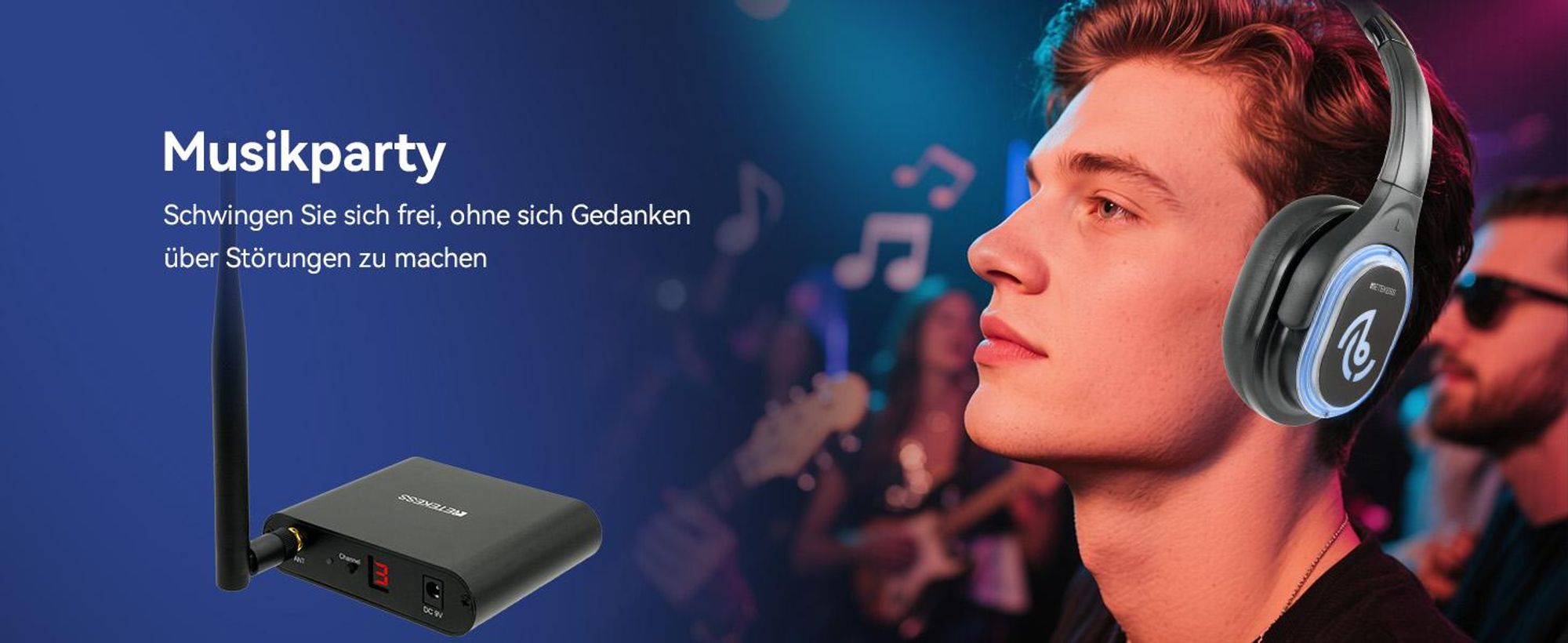 Retekess TA004 Silent Disco Starter Kit, Kopfhörer Wireless für TV, 200M, HIFI-Klangqualität, 20 Kopfhörer, Kopfhörer für Partys, Fitnessstud, Yoga