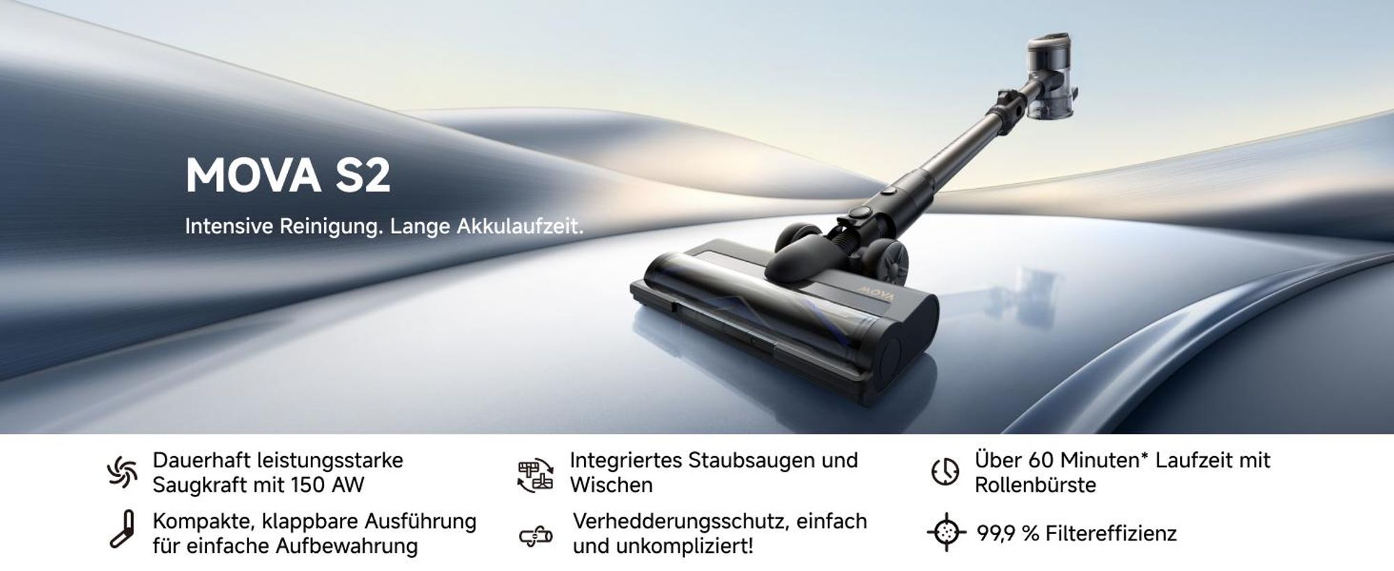 MOVA S2 Kabelloser Staubsauger – 150 AW / 25.000 Pa, 60 Min. Laufzeit, beleuchteter Bürstenkopf, 5‑Schichten-Filter, klappbar