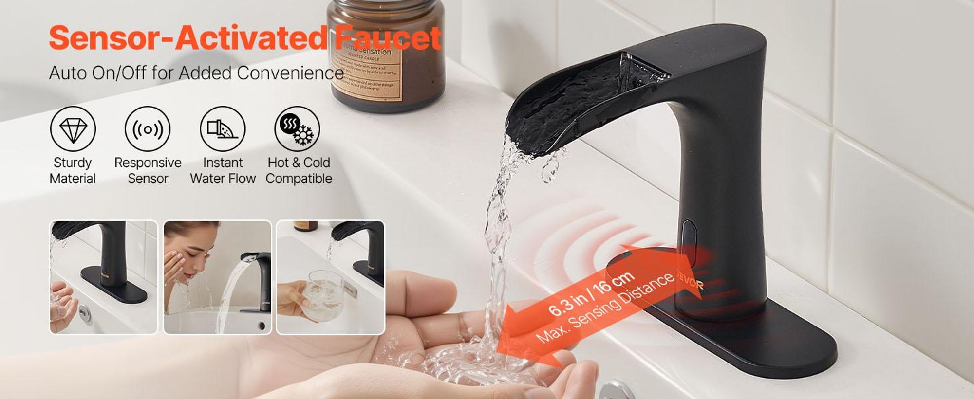 VEVOR Berührungslose Badezimmer-Wasserhahn, Automatischer Bewegungssensor-WC-Wasserhahn mit Lochabdeckplatte, Batteriebetrieben, Einstellbare Temperatur für 9,5 mm Rohr Gewerblicher Waschbecken, Matt Schwarz, Duale Steuerung-a, Halb-Wrap Wasserfall