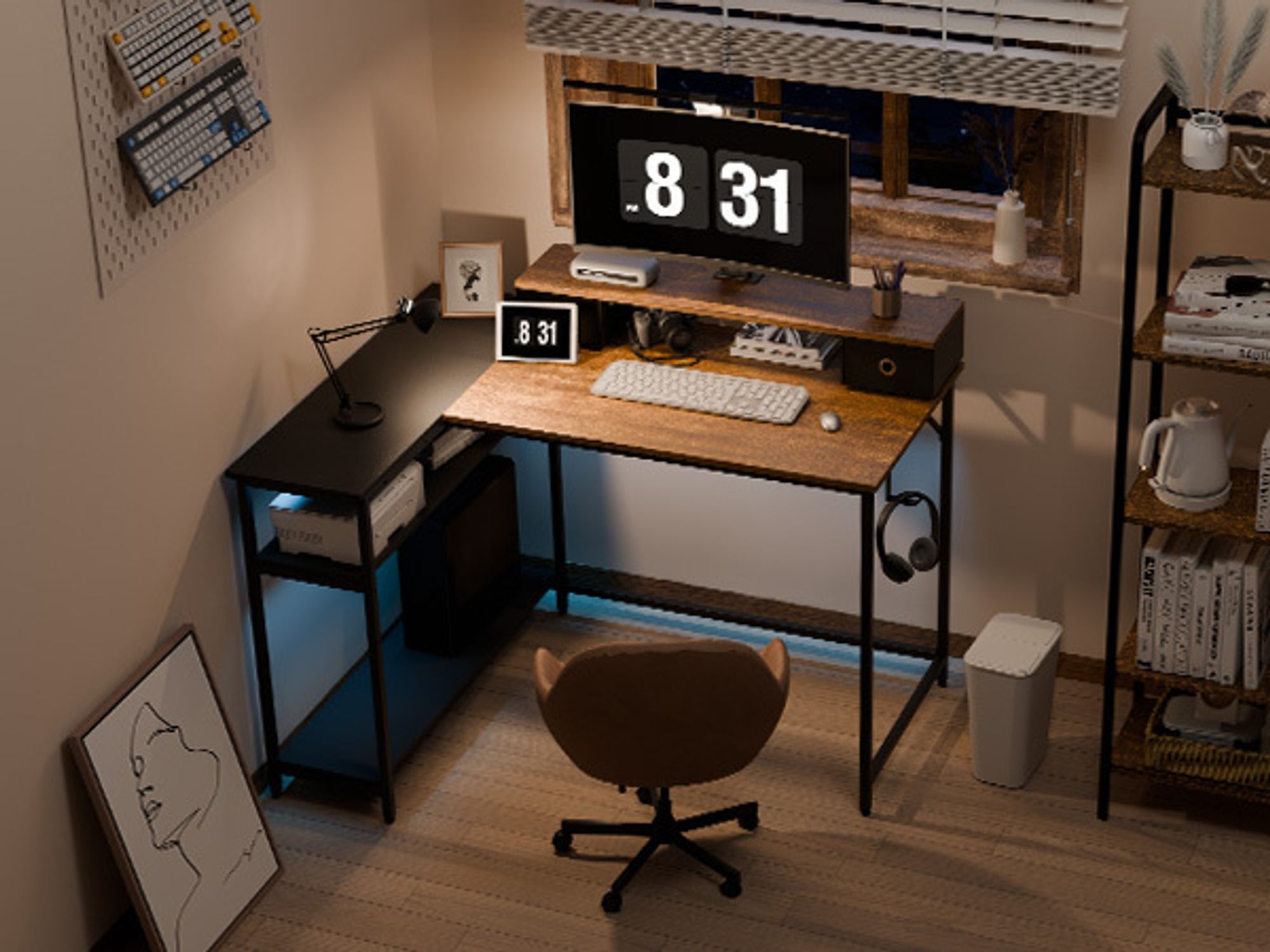 Mondeer L-Förmiger Computertisch Abnehmbare Monitorständer mit 2 Schubladen Schreibtisch mit 2 Regalen links oder rechts 120x90x90cm Schwarz