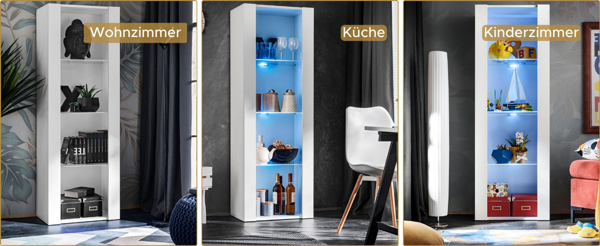 Komodee | Vitrine Schrank Tivoli mit 3 Regalböden, Korpus Weiß Matt Frontfarbe Weiß Matt, ohne LED