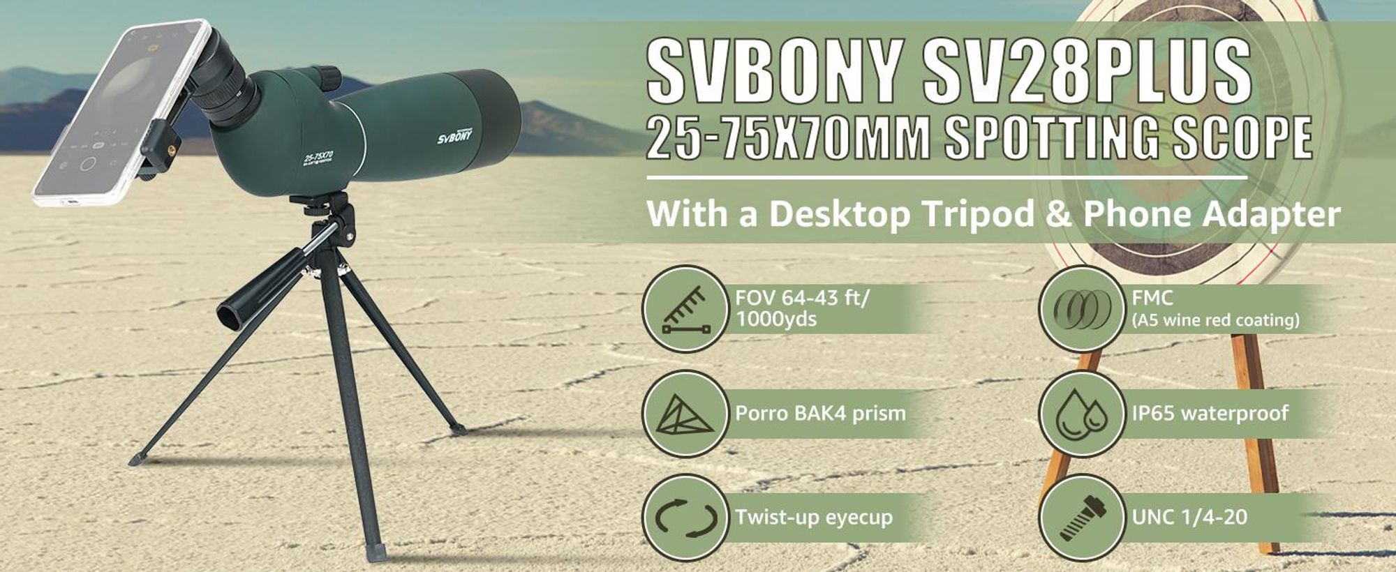 Svbony SV28PLUS monokulárny ďalekohľad, 25-75×70 mm, objektív BAK4 FMC, s adaptérom na telefón, taška na statív, na pozorovanie vtákov, astronómiu