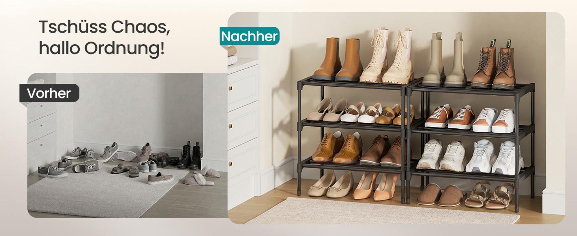 SONGMICS Schuhregal, 3 Ebenen, Schuhablage schmal, Schuh-Organizer Metall, 30 x 45 x 48,5 cm, schwarz
