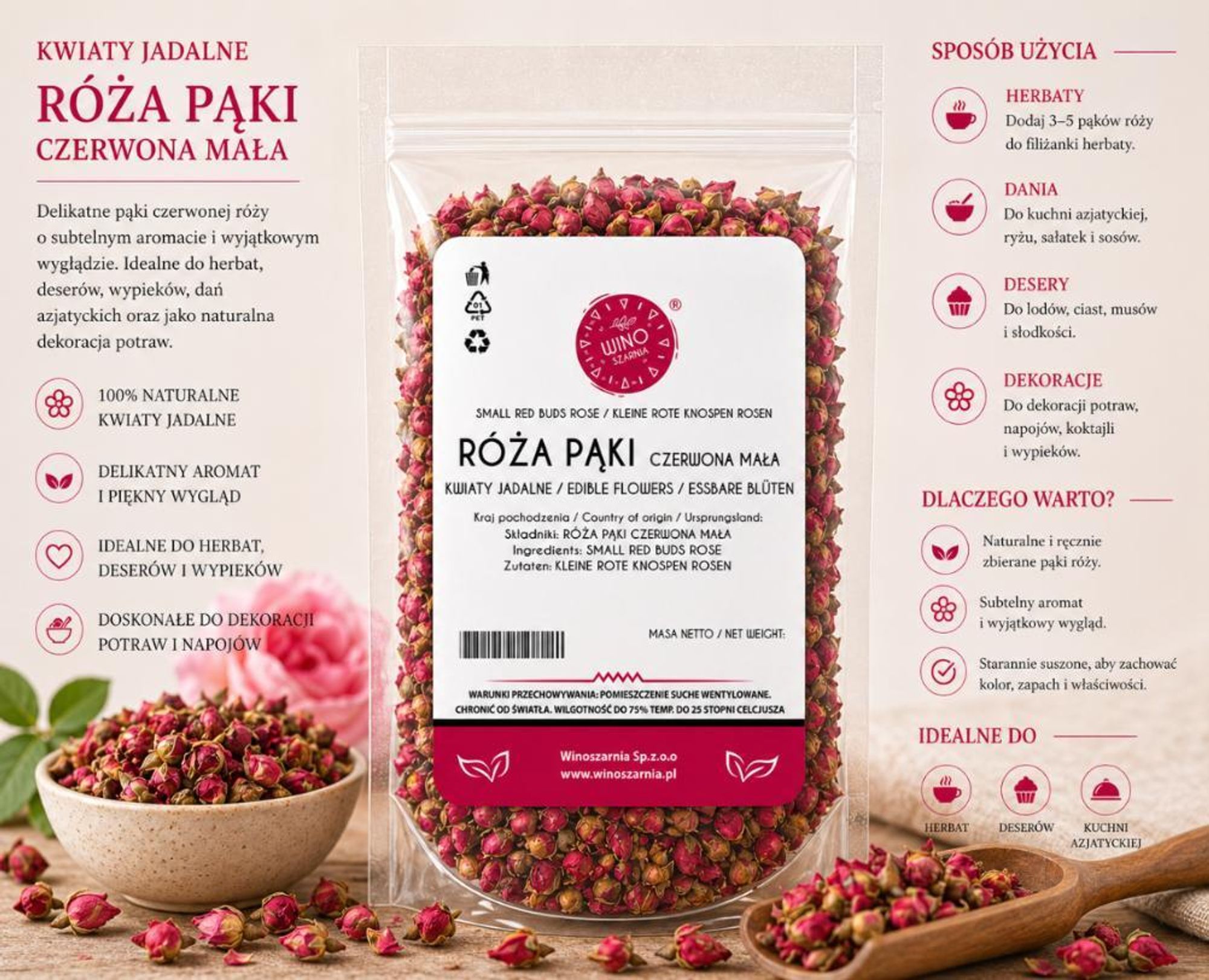 Pąki Róży Czerwone Małe Kwiaty Jadalne - 100g
