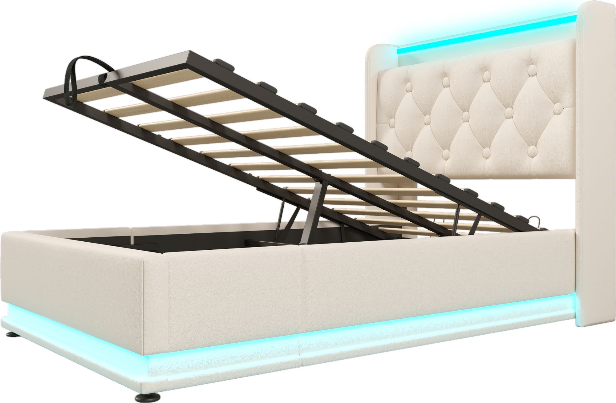 Flieks Polsterbett 90x200cm mit Ladefunktion (USB&Typ-c), Jugendbett Einzelbett Stauraumbett mit LED, Hydraulisches Boxspringbett, PU, Weiß
