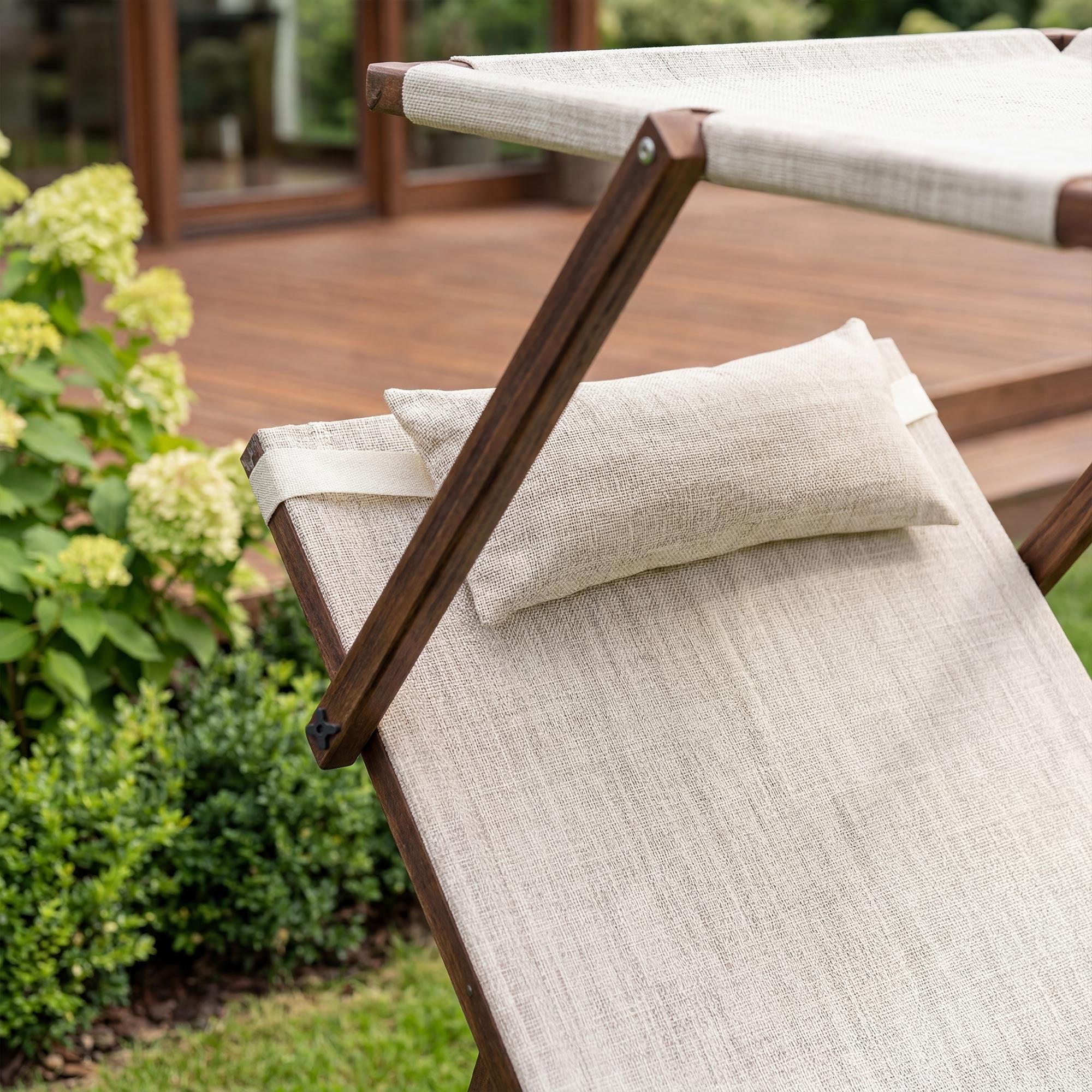 di volio Sonnenliege SPELIO – ergonomische Liege aus Lärchenholz mit Sonnendach und Kissen, wetterfester Liegestuhl für Garten (Beige)