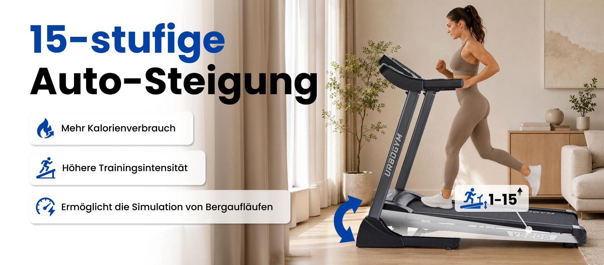 URBOGYM V520S Elektrisches Laufband, 15 km/h, 15-stufige Auto-Steigung, 12 Programme, klappbar, Bluetooth, bis 130 kg