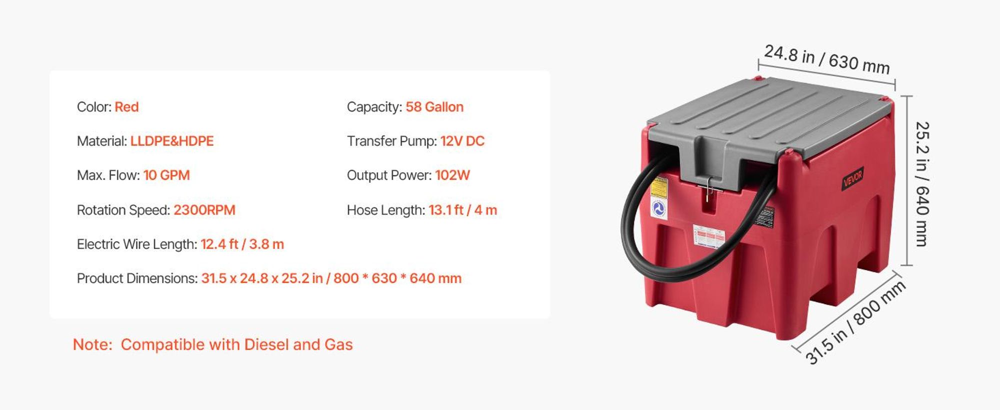 VEVOR Tragbarer Diesel- und Benzintank, 440L, 10 GPM Durchflussrate, Dieseltank mit 12V elektrischer Transferpumpe, 4m Schlauch, automatischer Betankungsdüse, Transferbehälter für einfachen Kraftstofftransport, Rot, 58 Gallonen (Neues Modell)
