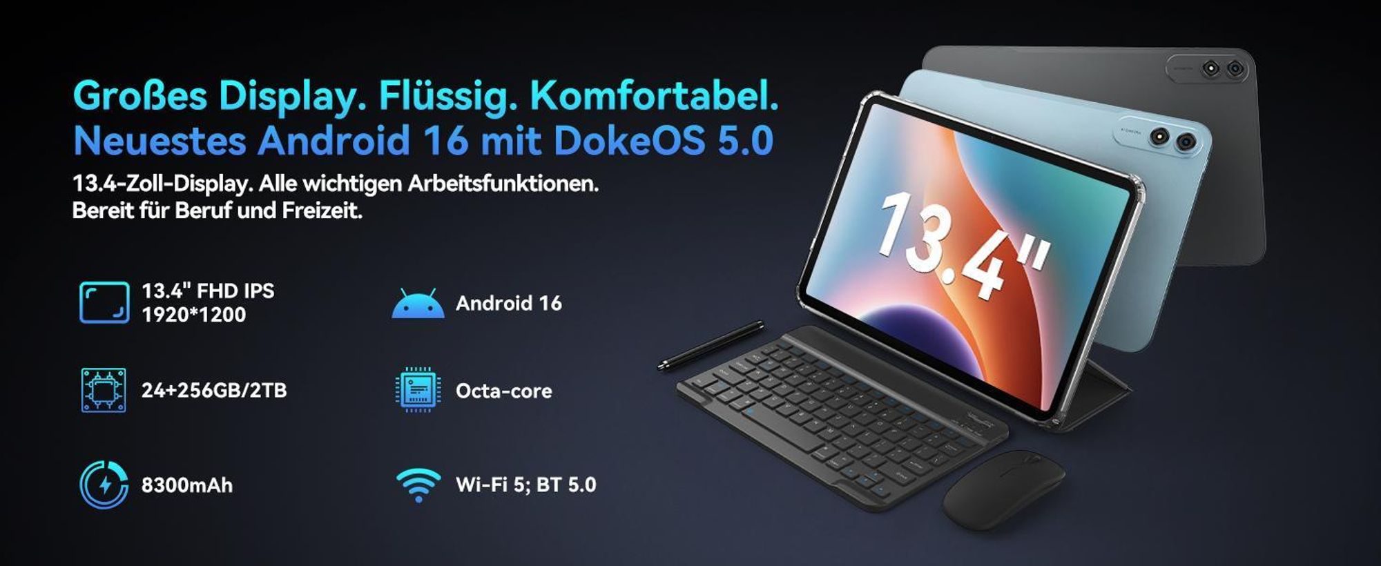 Blackview oscal Tablet mit Tastatu, 13,4" 2K 120Hz Display, 24GB(6+18)+256GB, Android 16, 4G SIM, 8300mAh, 16+8MP Kamera, Slim 0,79cm/750g, All-in-one