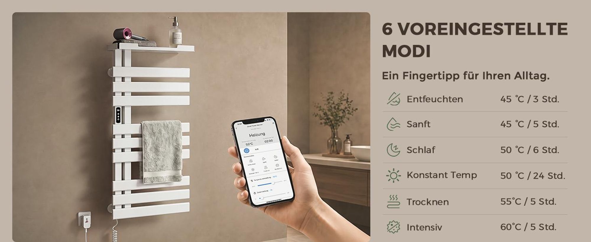 S'AFIELINA Handtuchheizkörper elektrisch mit Ablage 1050×500 mm 335W Weiß,Smart Handtuchwärmer mit WLAN-App, Carbonfaser-Heizung, 6 Heizmodi