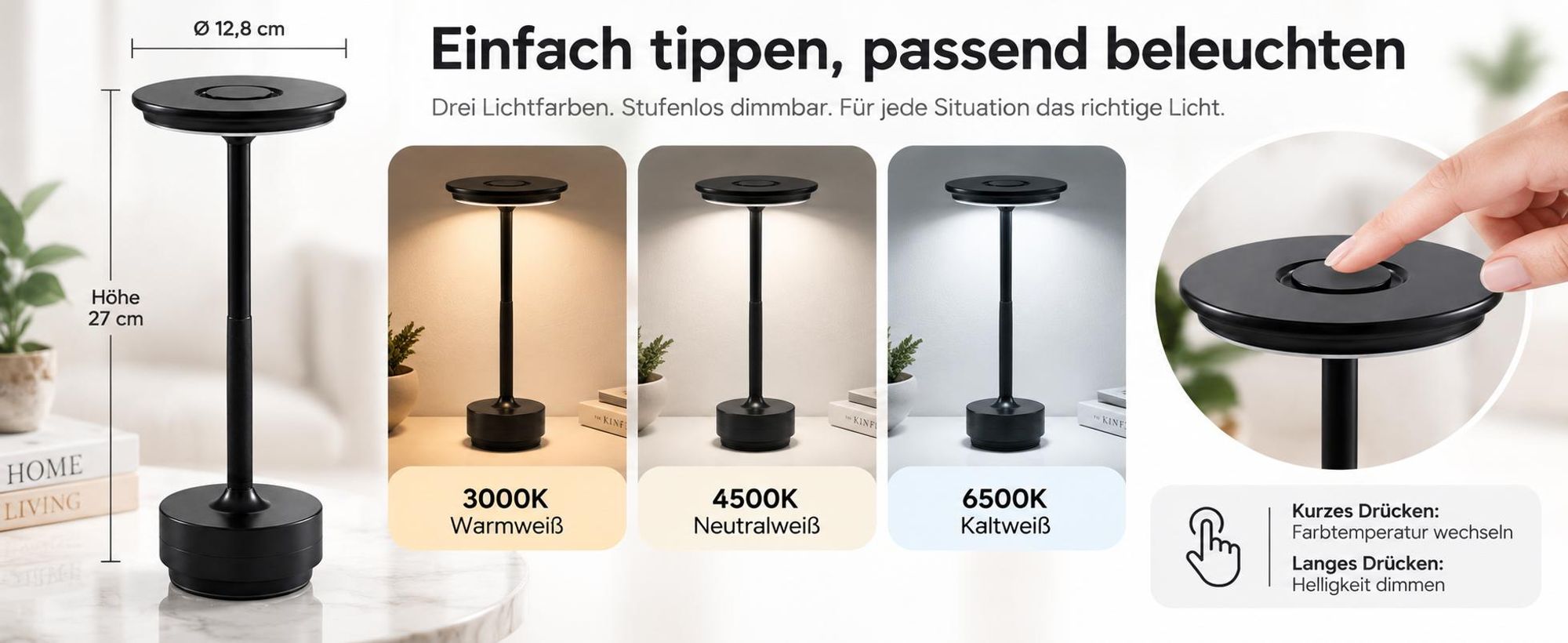 2er Set Kabellose Dimmbare LED Akku Tischleuchten, Touch Tischlampen, 3 Lichtfarben, Nachttischlampen für Wohnzimmer Schlafzimmer, Schwarz