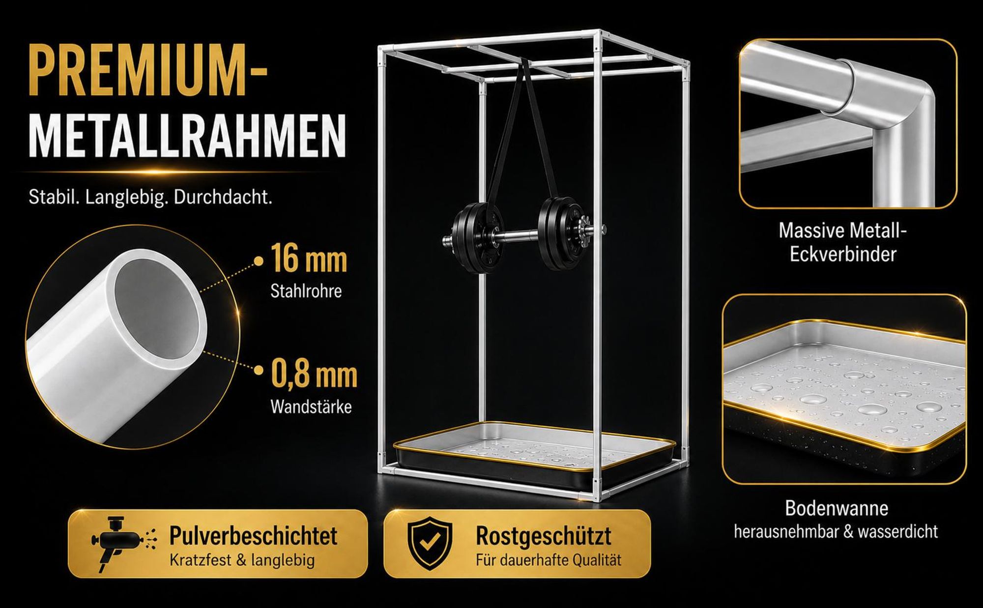 Premium-Metallrahmen mit Stahlrohren, Metall-Eckverbindern und Rostschutz.