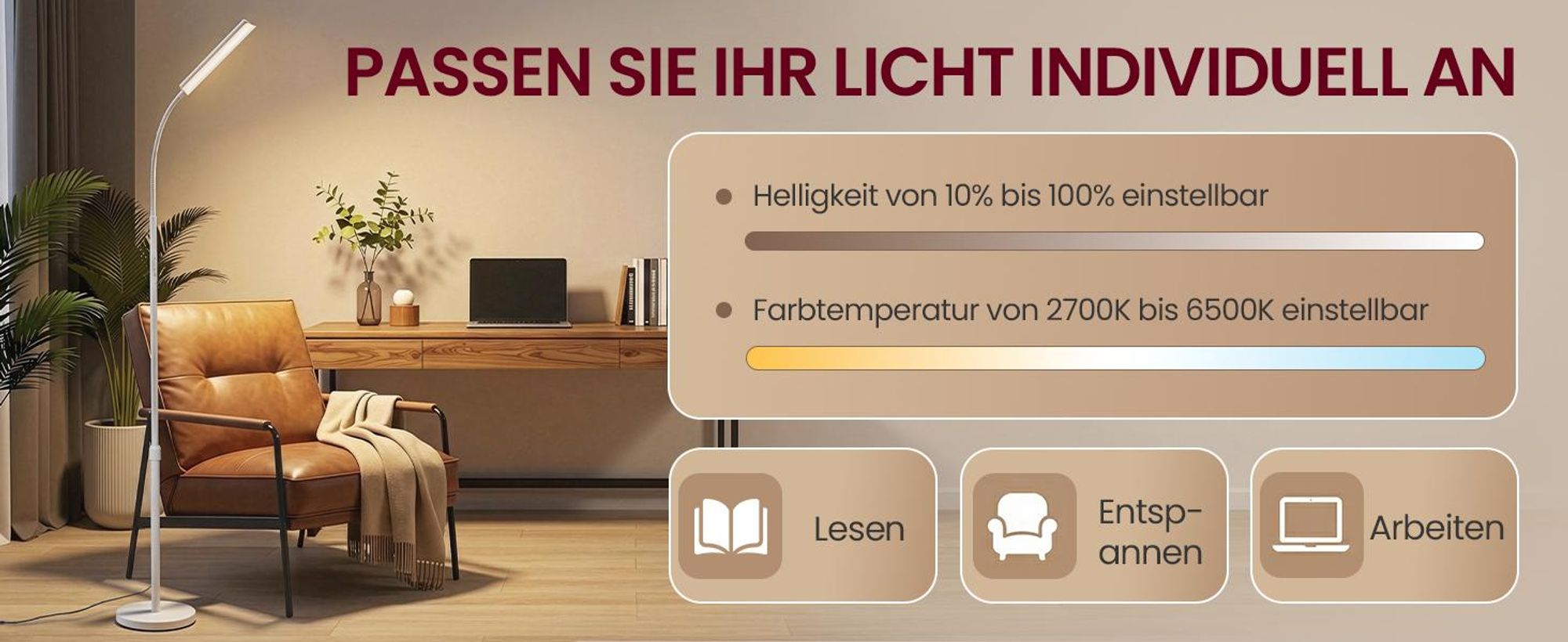 VASAGLE Leselampe mit Fernbedienung, höhenverstellbare Stehleuchte, Schwanenhals, Timer, für Wohnzimmer, weiß
