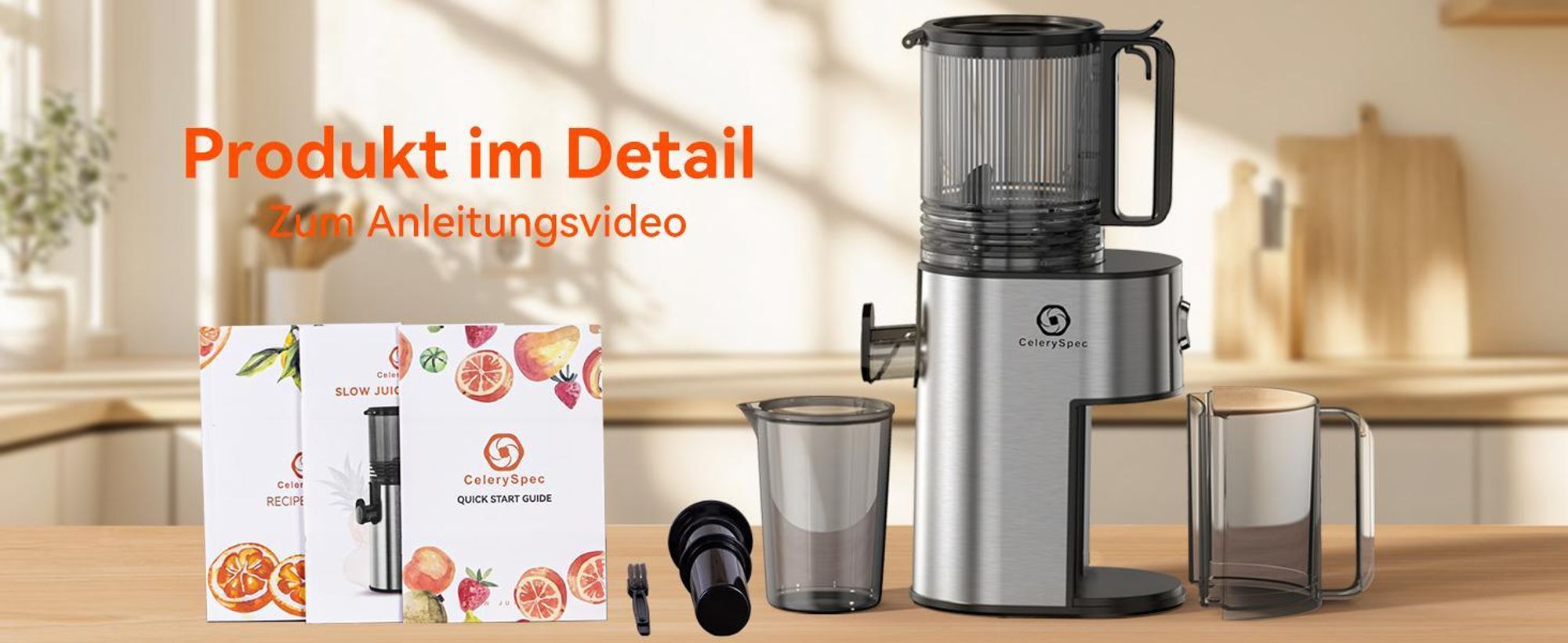 CelerySpec SJ-048-EU-SS Entsafter - Für Ganze Gemüse und Obst 250W Leistung 1.8L Kapazität Saftpresse lebensmittelechtes Material Edelstahl 130 mm Einfüllöffnung Rücklauffunktion - Silber