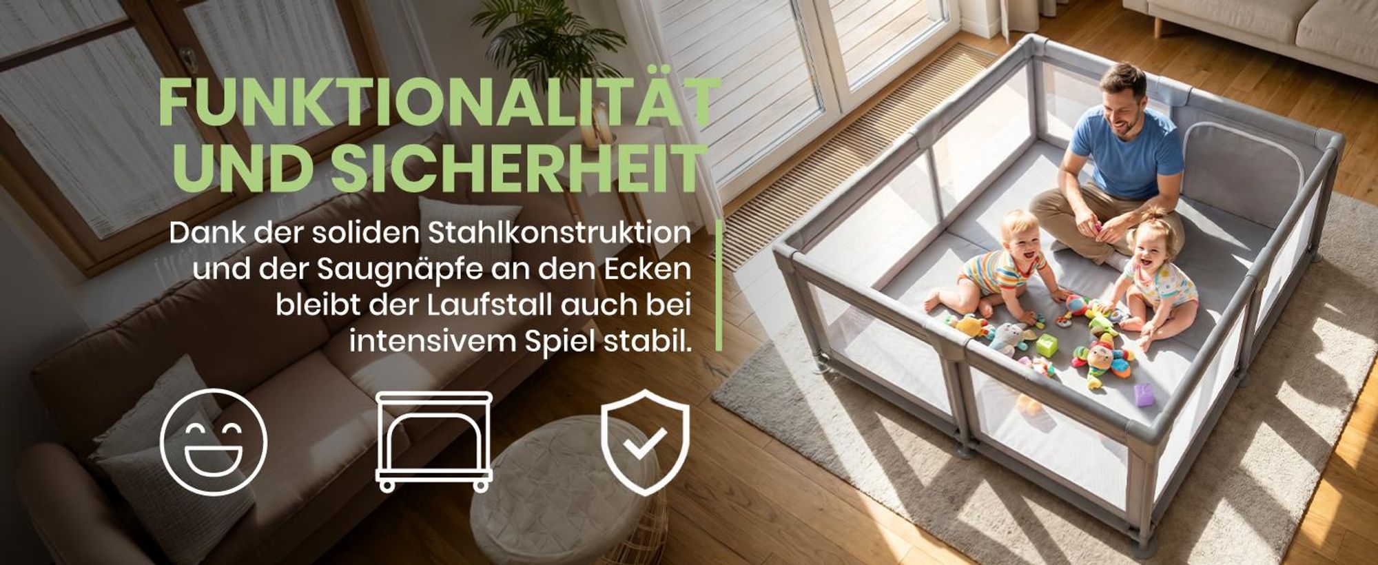 Laufstall Baby Laufgitter mit Netzwänden 150x180cm Reißverschluss Saugnäpfen Schaumstoffschutz