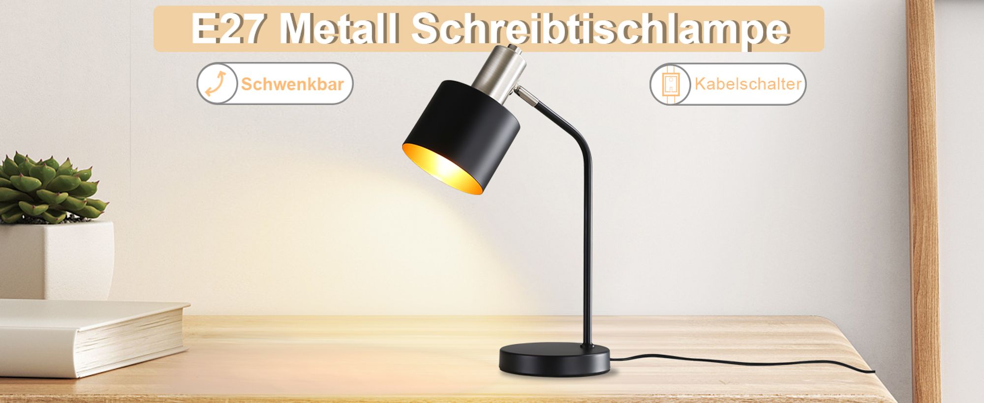 ZMH Tischlampe Vintage Nachttischlampe Kabel E27 Tischleuchte Wohnzimmer Schwarz Gold Schreibtischlampe Retro Schwenkbar Leselampe Tisch Basic Nachtlampe Bett für Schlafzimmer