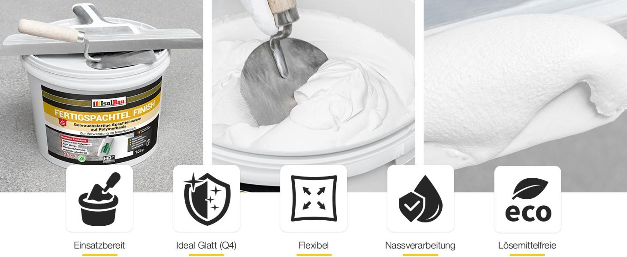 Isolbau Fertigspachtel Finish 25 kg, Glättspachtel Fugenspachtel, Gebrauchsfertige Polymer-Gips Fertig-Spachtelmasse für innen, Weiß Q1-Q9