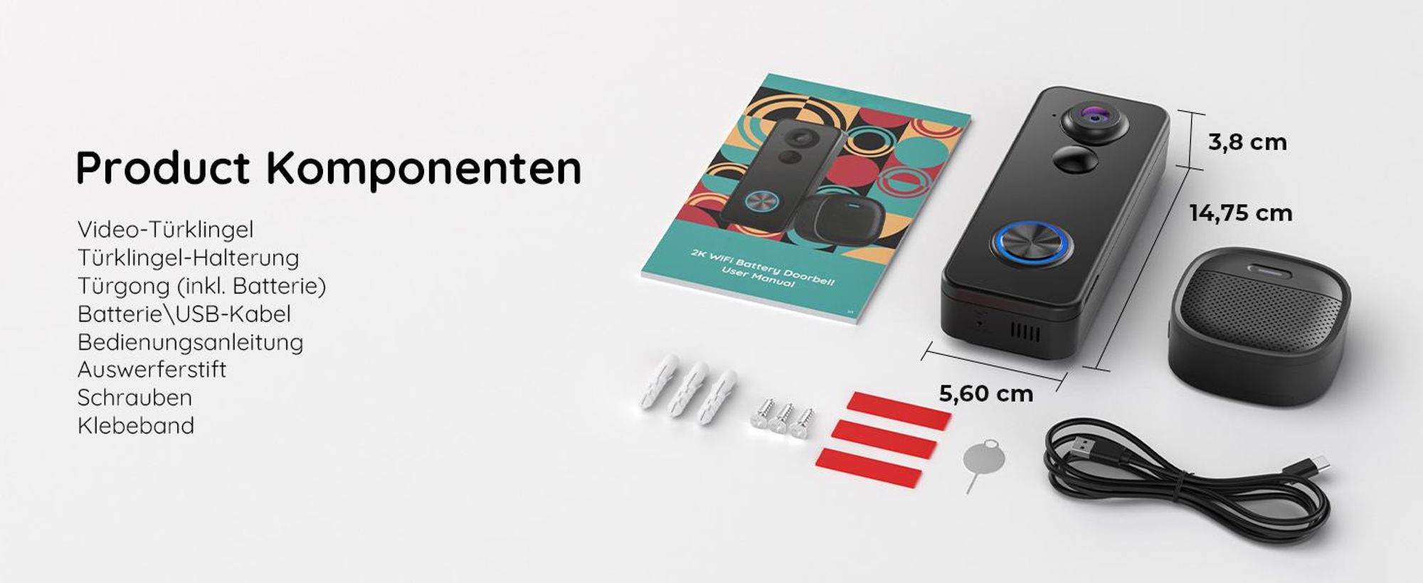 2K video deurbel met camera, Wi-Fi, batterij, 32GB opslag, 2,4GHz Wi-Fi, 180° ultrabreed gezichtsveld, draadloze deurbel