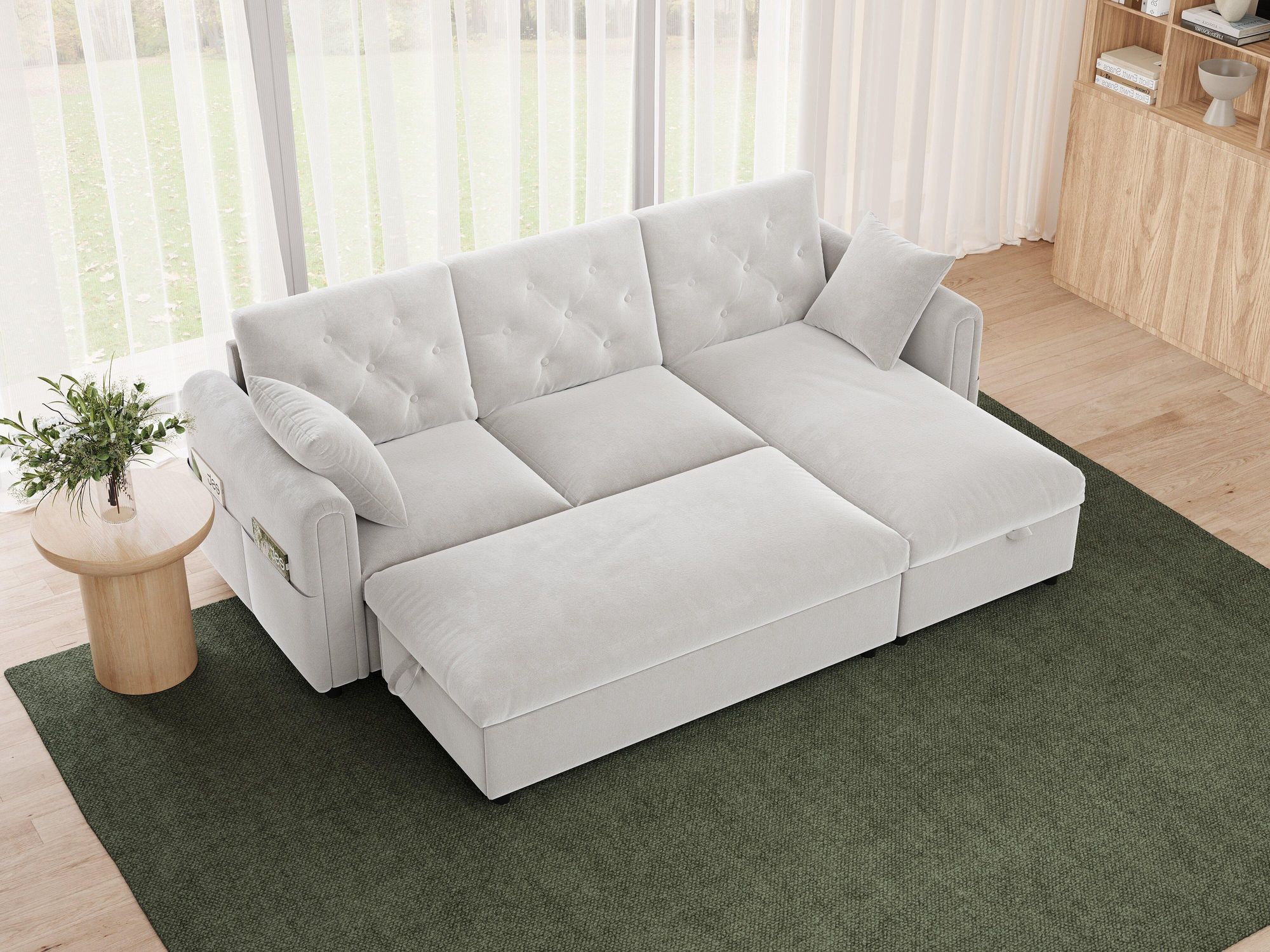 Merax 3 Sitzer Ecksofa Mit Stauraum, Sofa Mit Chaise Longue Und Hocker, Couch Mit Magazintaschen, Wechselbare Ottomane, Samt Soffa, Beige