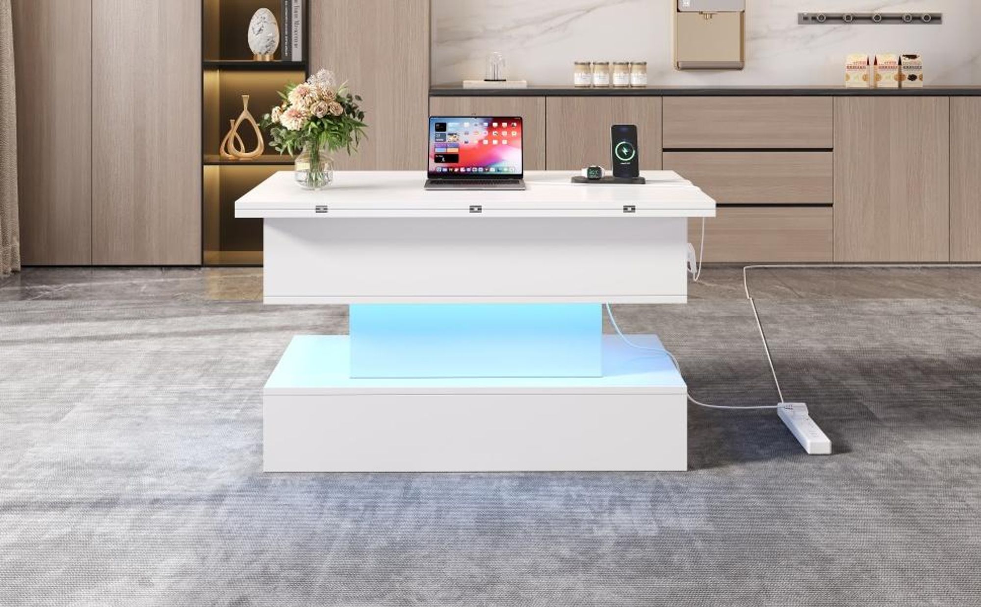 Couchtisch mit LED, Steckdose, USB-C und Stauraum in Weiß