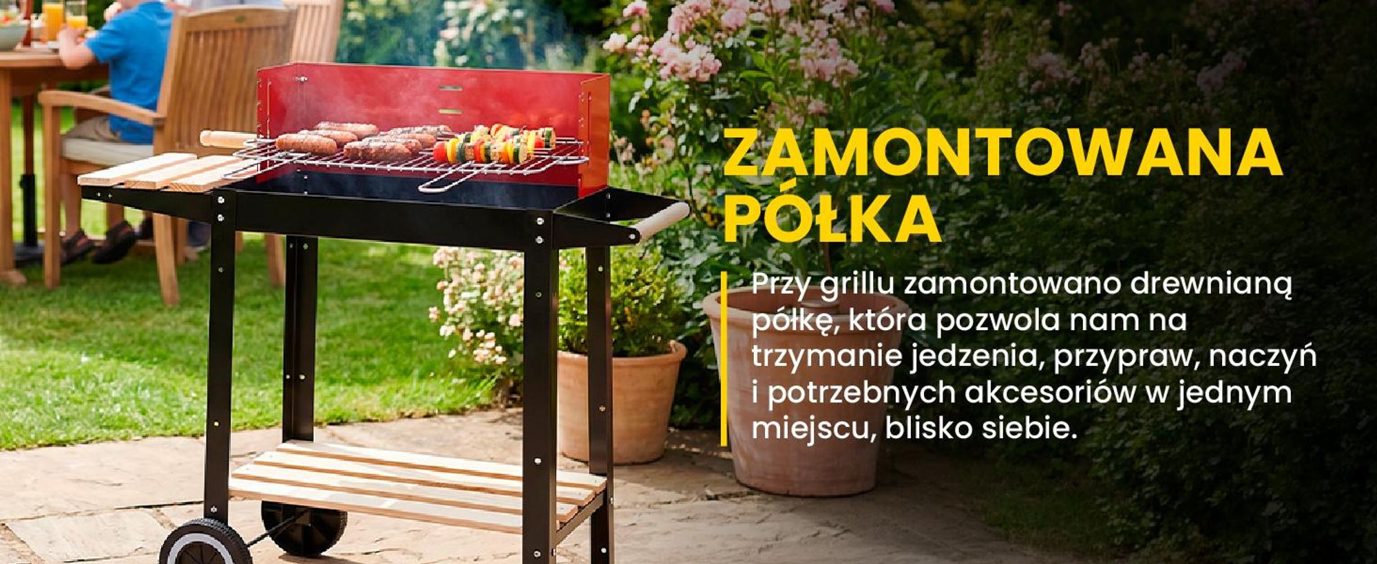 Grill węglowy ogrodowy z półkami i kółkami w kolorze czarno-czerwonym