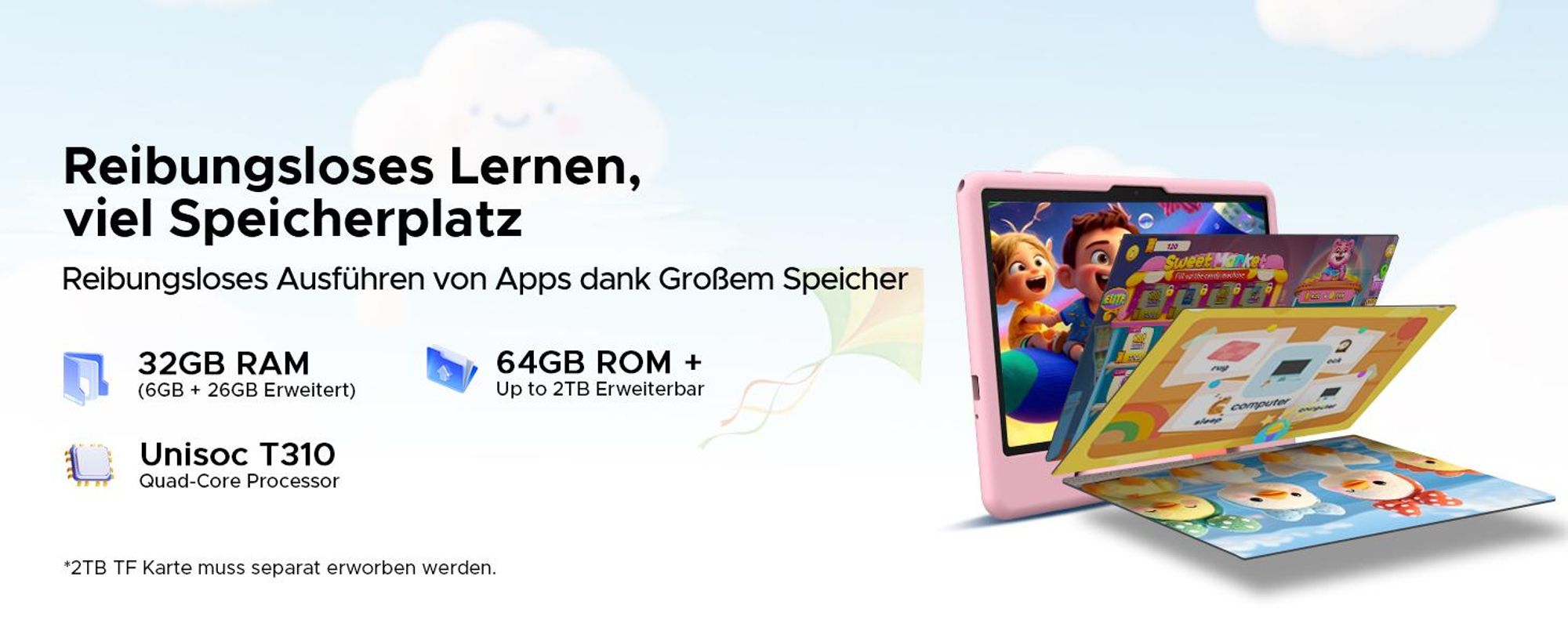 POCKAM P10 Kids 10.1" Tablet, Gemini AI, Android 16, 32(6+26)GB RAM+64GB ROM/TF 2TB, 7000mAh, WiFi Tablet für Kind mit Kindgerechte Hülle und Stift