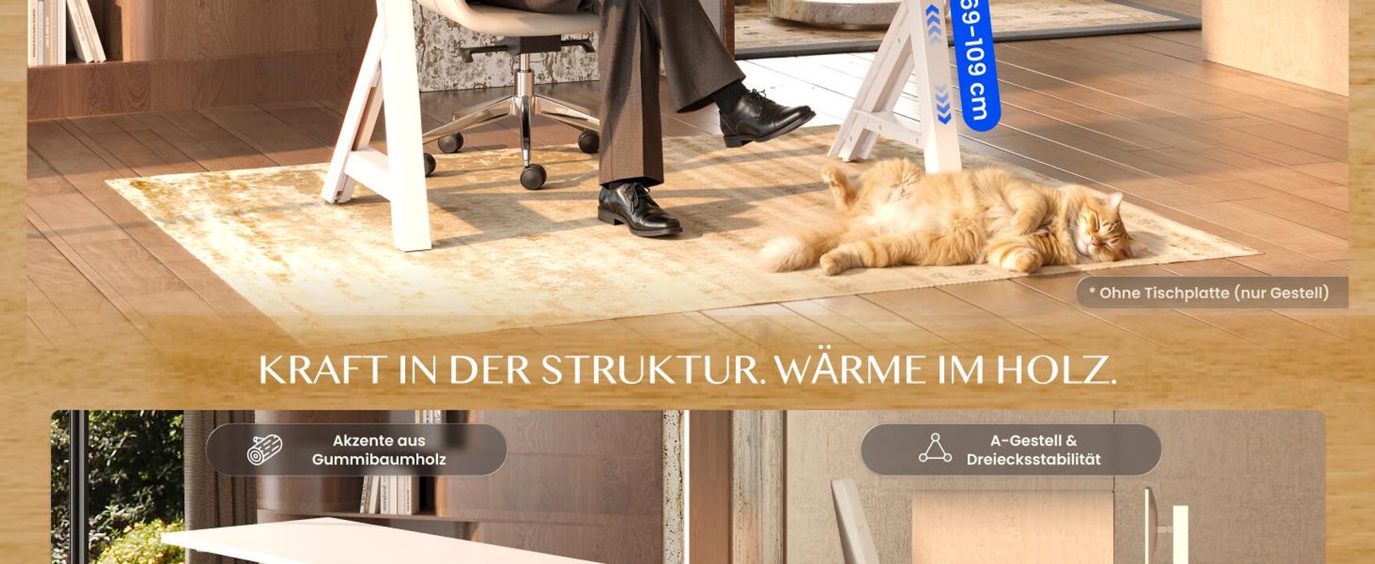 FLEXISPOT WoodiX Höhenverstellbarer Schreibtisch Elektrisch, A-förmiges Gestell, Massivholz-Beinverkleidung, Doppelmotor, Kabelmanagement, Weiß