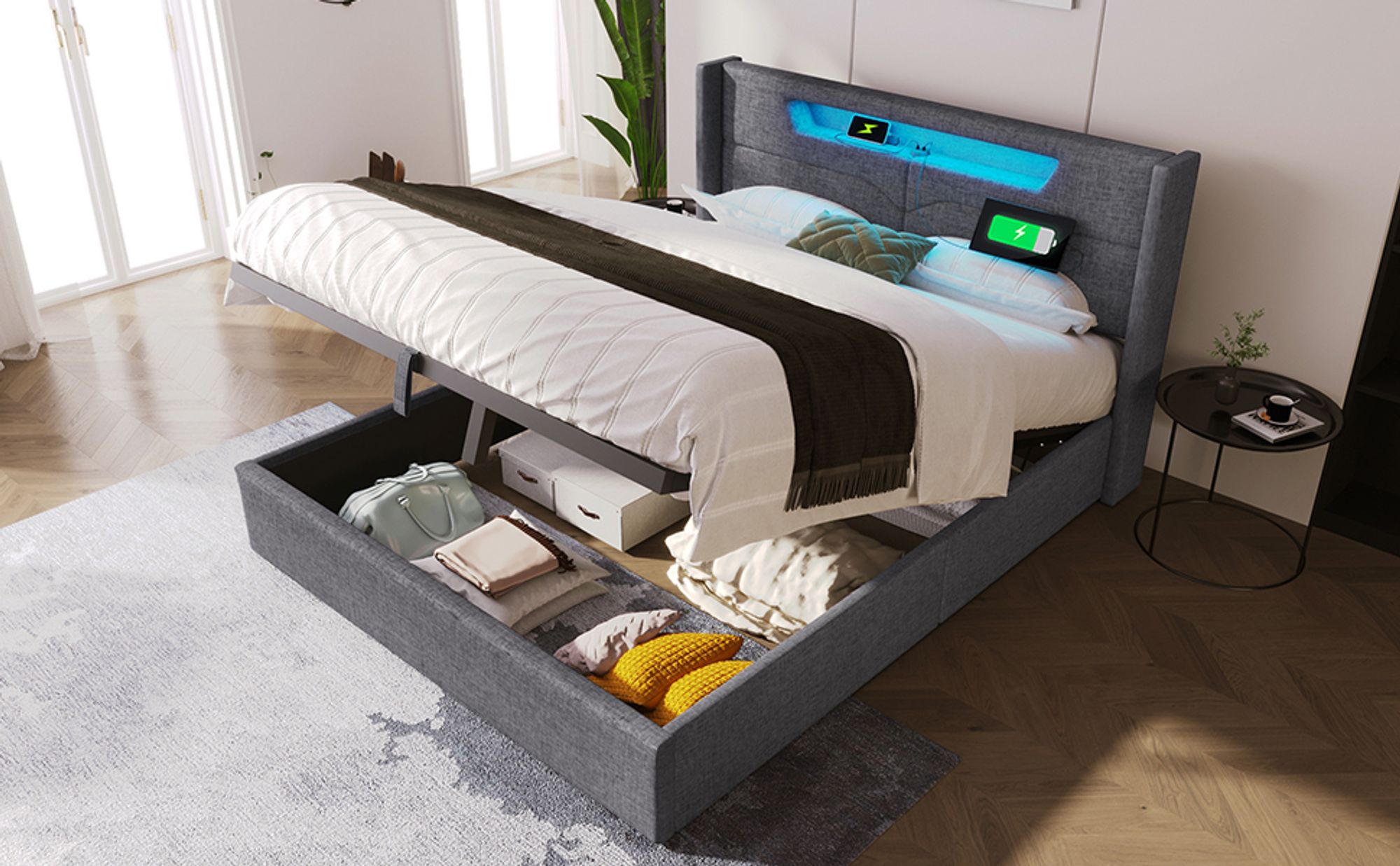 MODFU Boxspringbett Hydraulisches 140 x 200 cm mit LED-Beleuchtung, Polsterbett Funktionelles mit USB-Ladeanschluss, Doppelbett Stauraumbett mit Bettkasten Stauraum, Leinenmaterial Grau(Ohne Matratze)