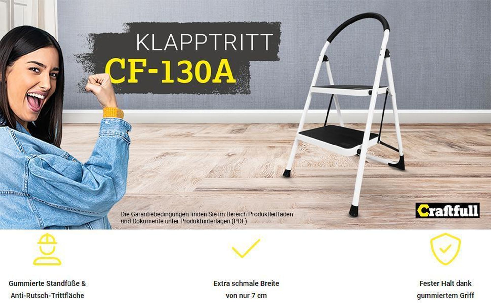 Craftfull Klapptritt CF-130A | Trittleiter - Klappleiter - Haushaltsleiter - Stehleiter - Anti-Rutsch Leiter - Mehrzweckleiter - bis 150 kg - 2 Stufen