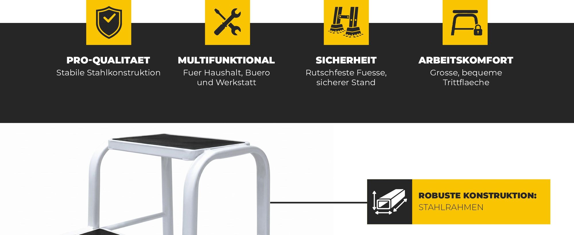 Drabest | Stahlhocker - 2 Stufen - Stabil Und Robust - Rutschfeste Füße - Tragfähigkeit 150 kg - Für Haushalt Büro Und Reparaturen