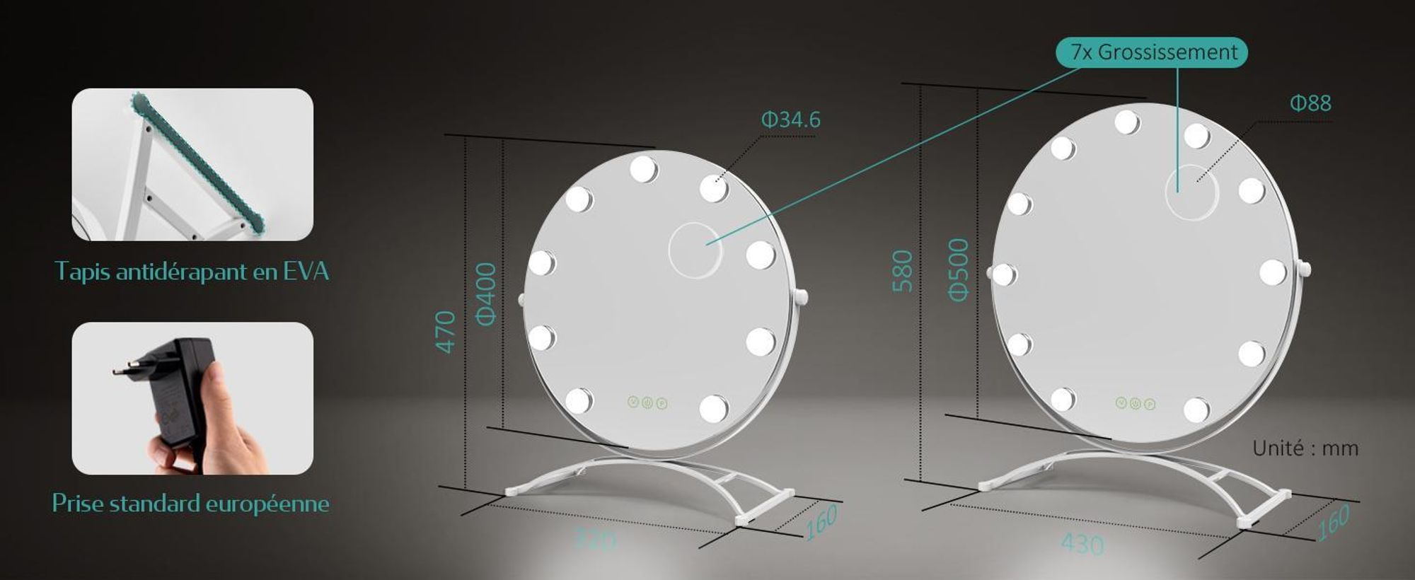 Miroir cosmétique EMKE Hollywood 58 x 50 cm Miroir de maquillage rond avec éclairage LED et grossissement 7x, 3 couleurs de lumière réglables, blanc