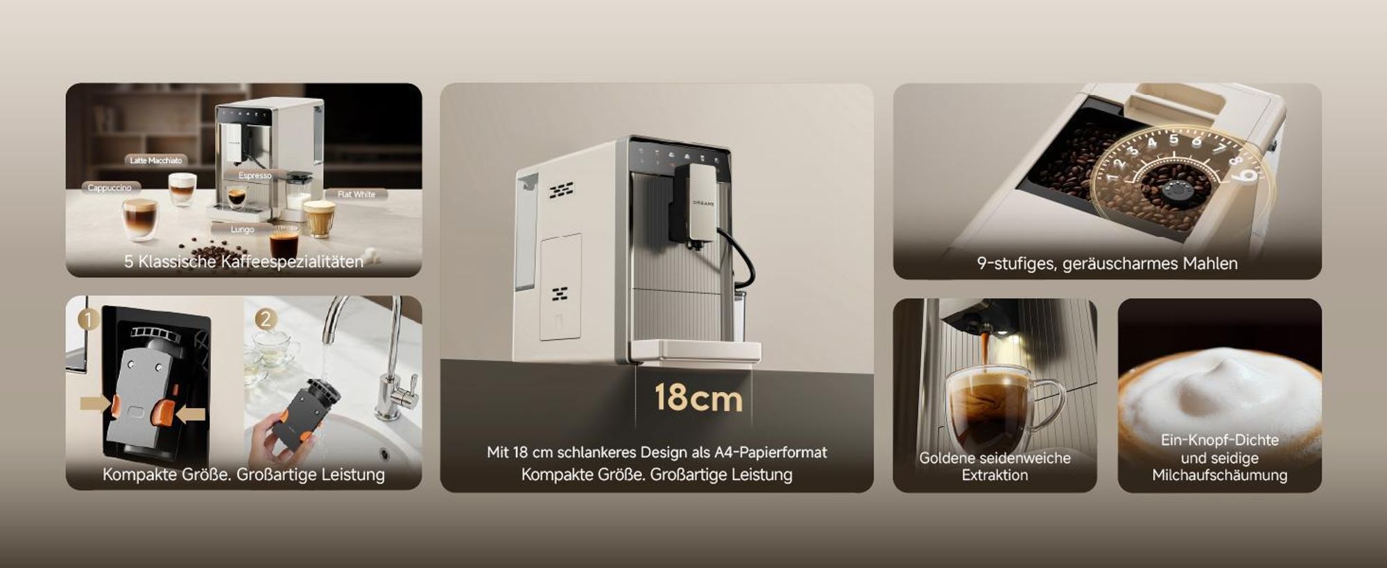 Dreame Ecceluxe Slim FCM30 Espressomaschine,kompakte Größe,erstklassiger Geschmack,Komplettreinigung,Ein-Knopf-Touchscreen,fünf Kaffeespezialitäten