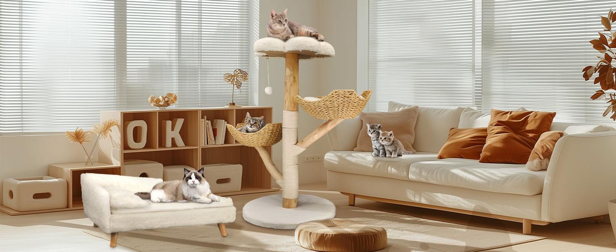 FATIVO Kratzbaum Modern Katzenbaum Holz-111cm Luxus Katzenkratzbaum mit 2 Weidenkorb Sisalstamm Sitzplattform Plüschbal für mehr Katzen