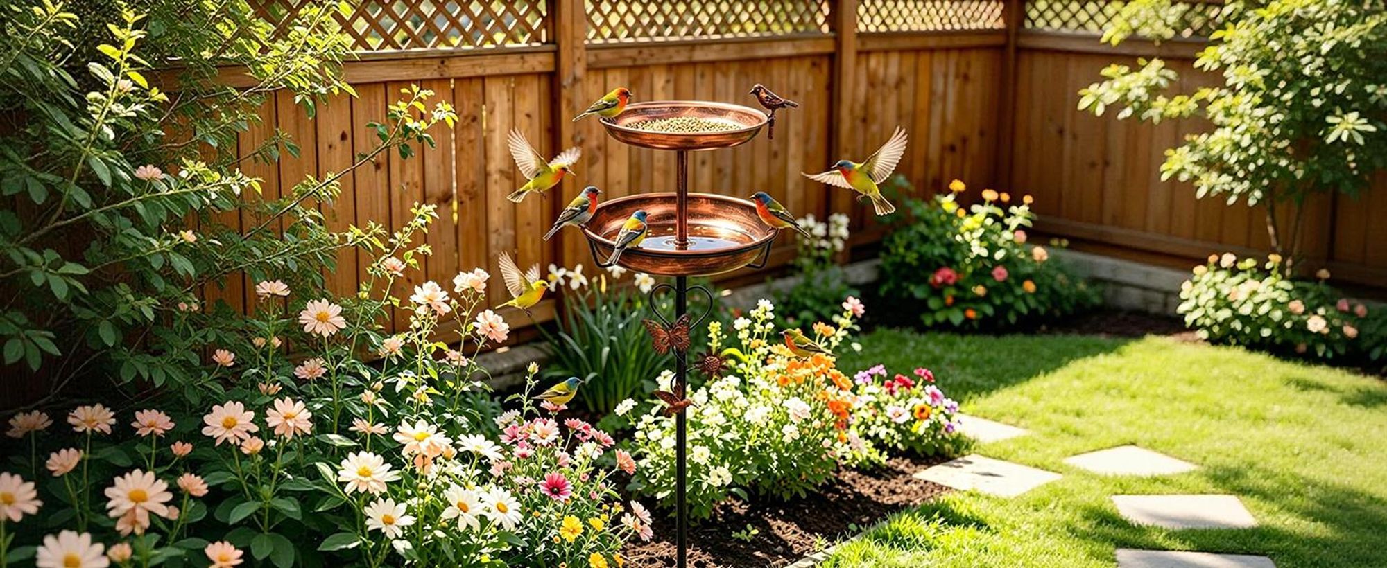 WISFOR Vogeltränke auf Stab, Vogelbad aus Metall, Futterstelle, Gartenstab, Gartenstecker, Gartendekoration
