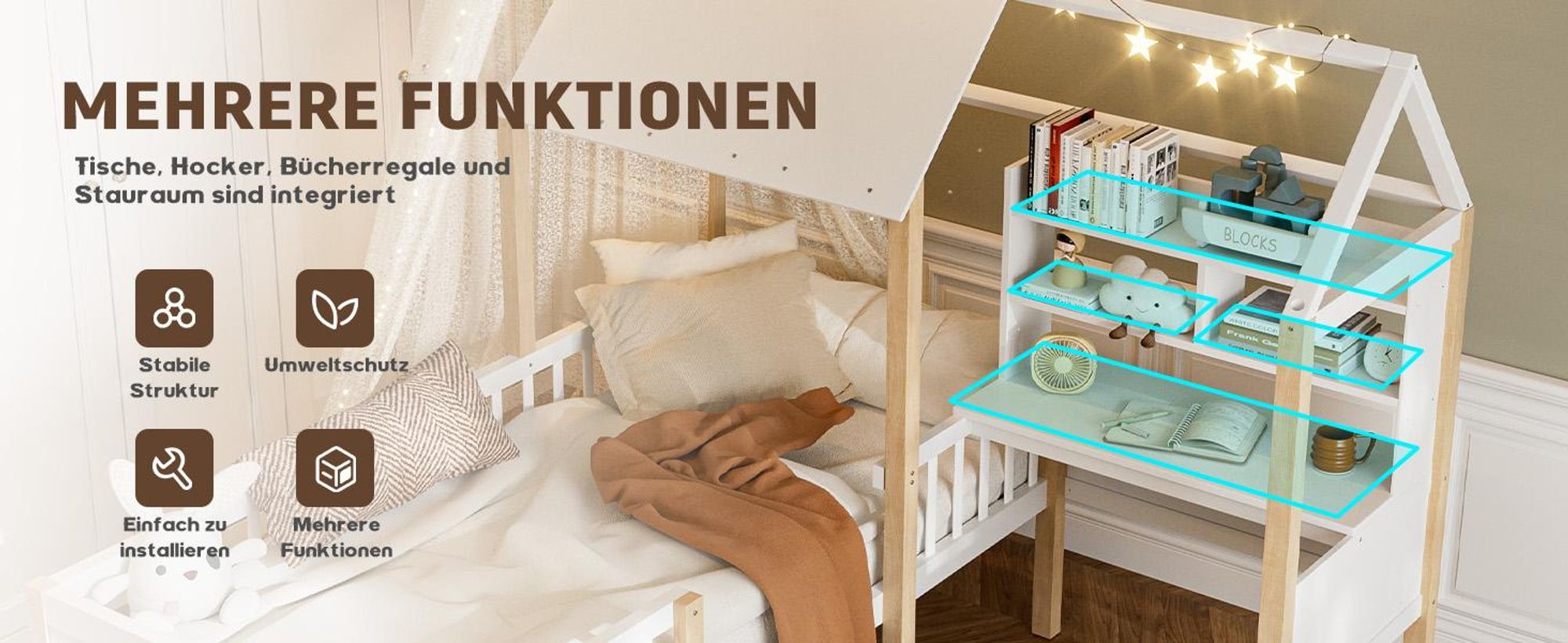 LVHOM Hausbett 90x200cm mit Schublade, Kinderbett mit Schreibtisch L-Form und Bücherregal, Kinderbett mit Lattenrost und Rausfallschutz, Holzbett