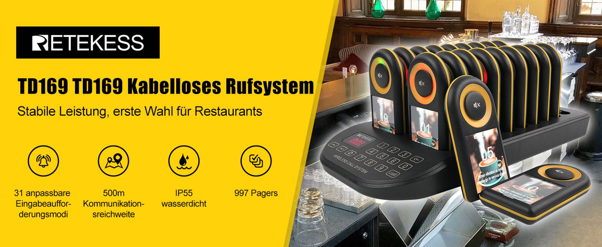 Retekess TD169 Restaurant Pager, Küchenkleingeräte mit 500M, 31 Anrufmodi, 300 mAh Akku, IP67, Pager Pieper für Hotel, Bar, Café (20 Pagers)