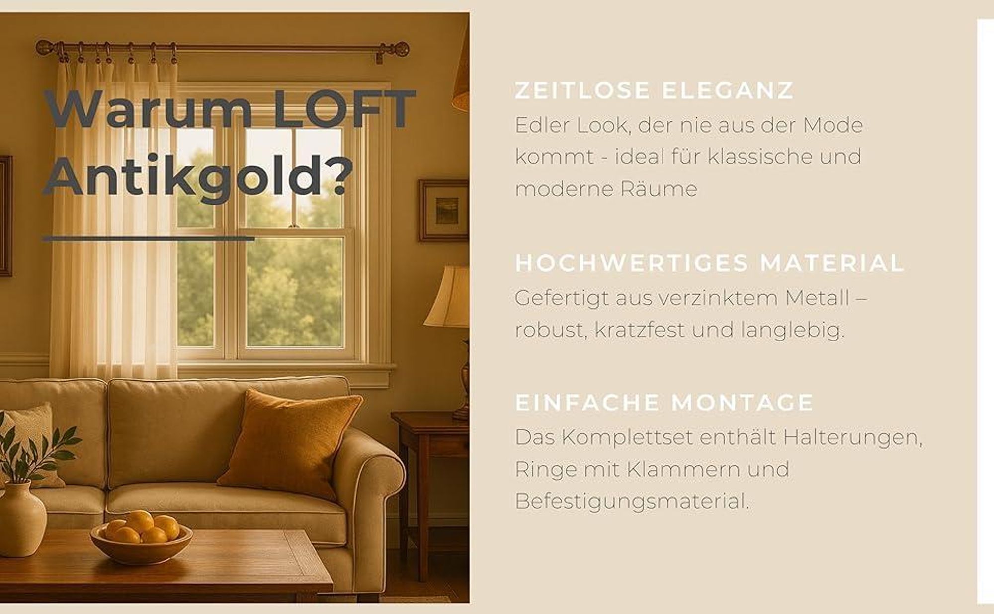 LOFT 140 cm Einzelne Gardinenstange 19 mm aus Metall mit Endstück CAPRI Komplettset mit Ringen und Clips Inklusive Montagezubehörset Farbe Antikgold